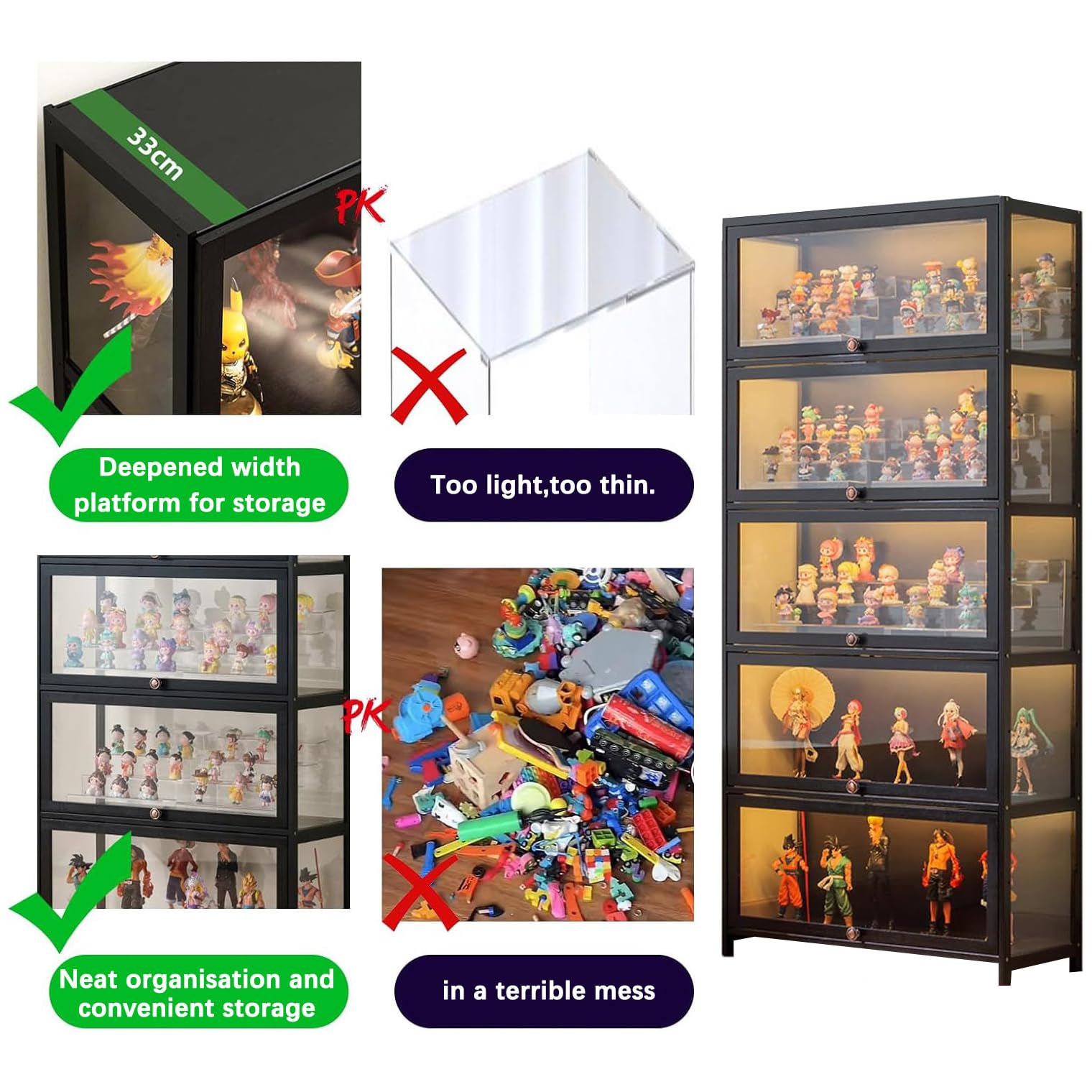 5 Capas Vitrina Expositora para Colecciones, vitrinas de Cristal, libreria con Puertas, vitrinas expositoras Marco Bambu, estanteria Figuras Coleccion(172x80x33cm Black)