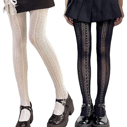 Women's High Waist Knitted Tights Black White Fishnet Patterned Thick Stockings Opaque Pantyhose Lace Leggings