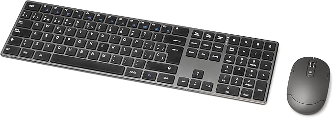Amazon Basics Teclado ultrafino de tamaño completo y ratón inalámbrico, silencioso y recargable con teclado numérico, ES/MX Layout Gray, color negro