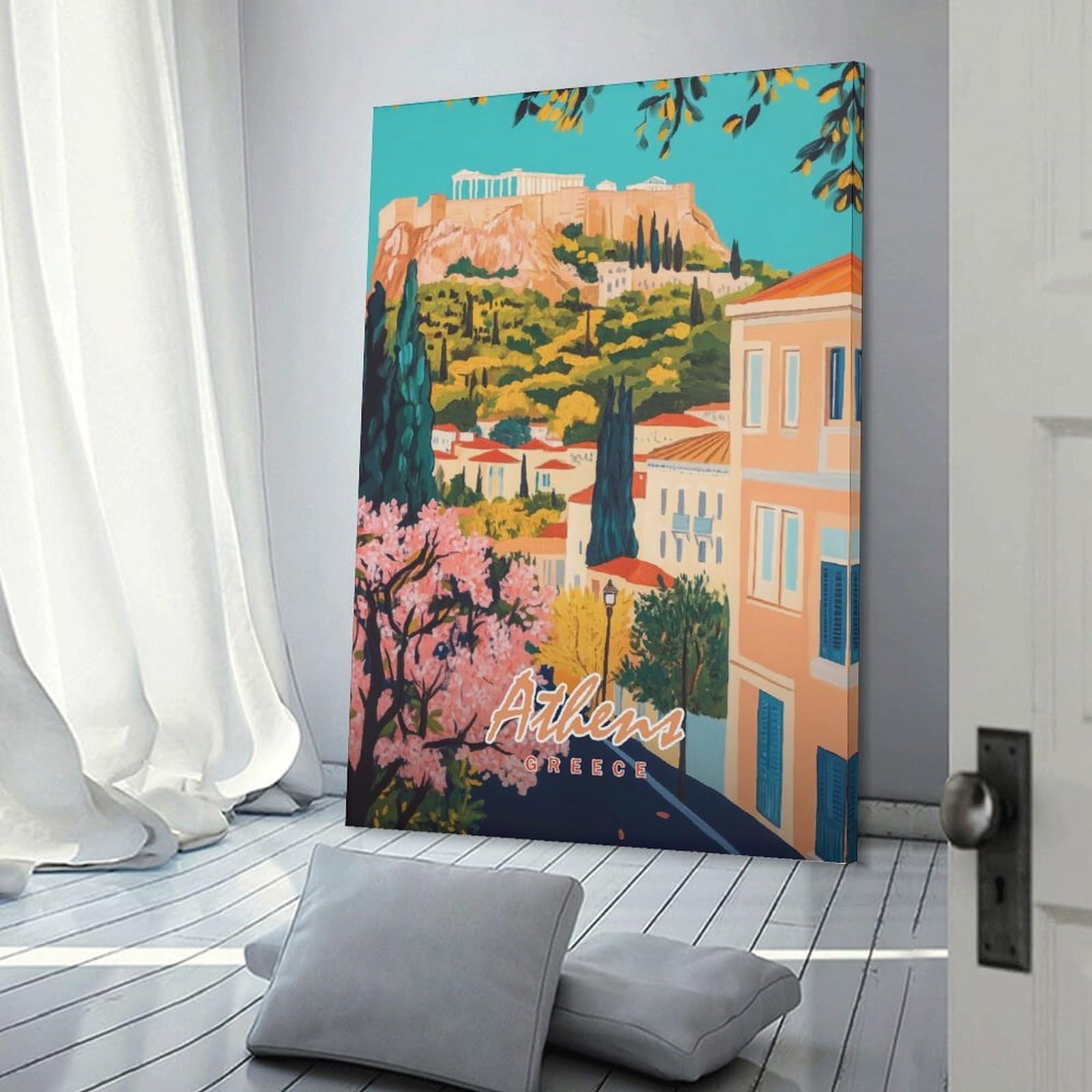 Junmoney Canvas Art Print Athens, Greece Painting, 24x36inch(60x90cm), for Feature Walls in Flats Or Modern Rooms, Wall Decor Suited to Curated Displays