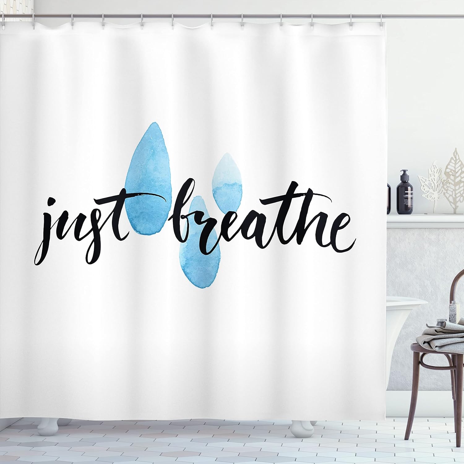 Ambesonne Saying Shower Curtain, Just Breathe Brush Lettering with Watercolor Style Raindrop Spots, Cloth Fabric Bathroom Decor Set with Hooks, 69" W x 75" L, Pale Blue White