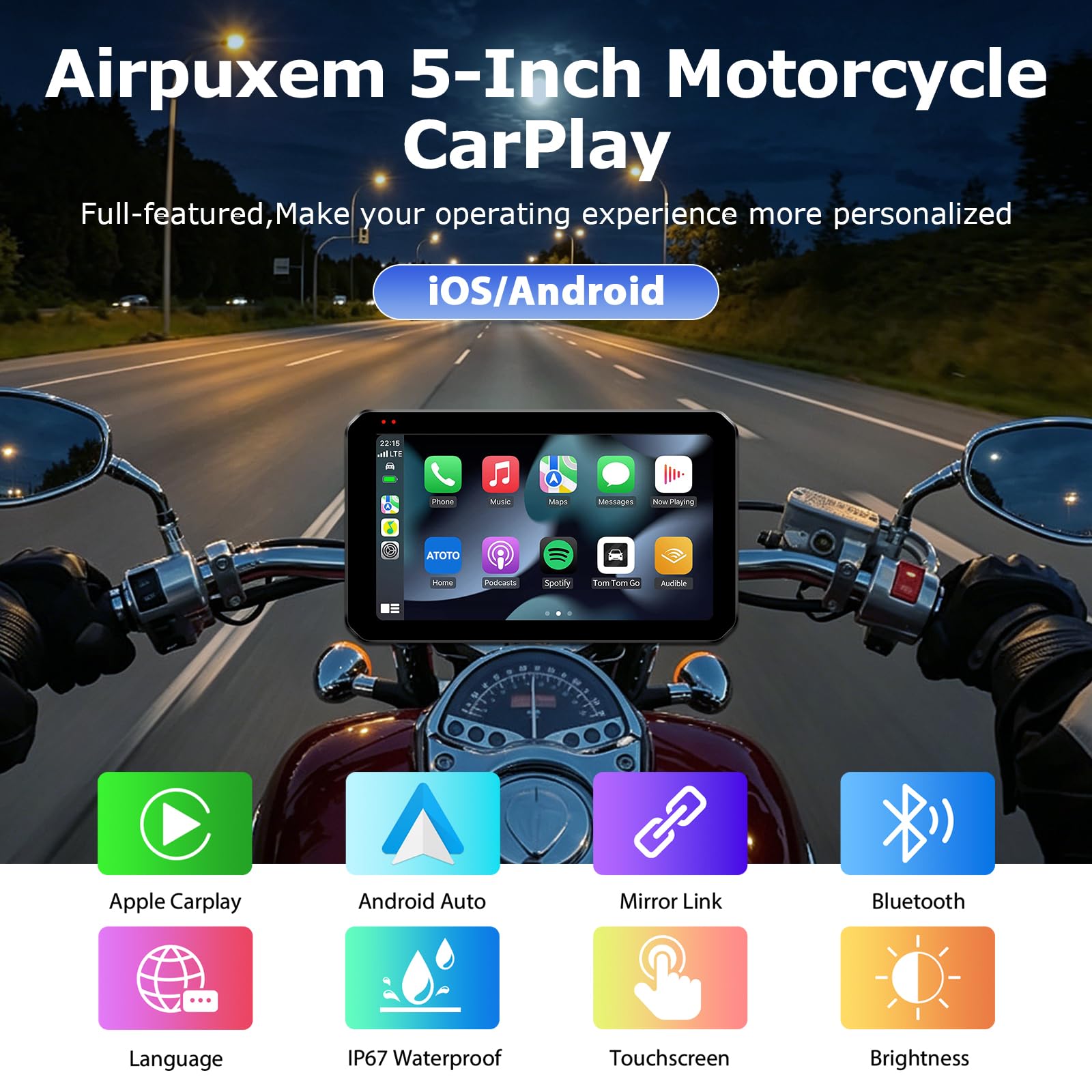 5 Zoll Motorrad Carplay Display, IP67 Ganzkörper Wasserdicht Motorrad navi Bluetooth GPS Siri/GOO-gle Assistente