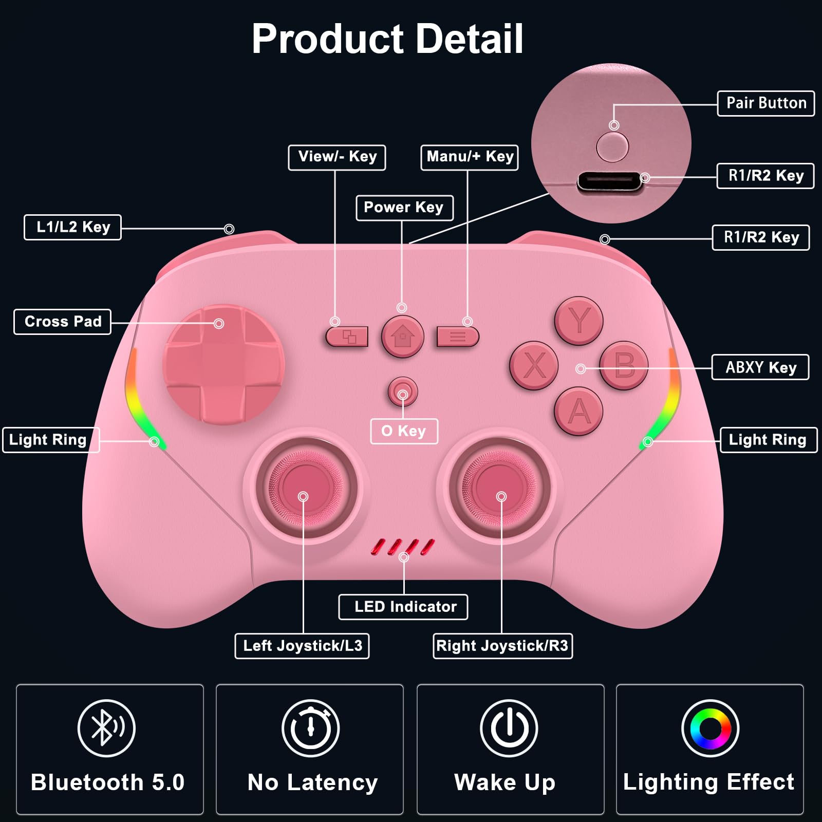 Megadream Wireless-Controller für iPhone/Android/Switch 2/Switch/PC, Smartphone-Gamepad mit Hall-Effekt-Joysticks/Trigger/Turbo/RGB-Beleuchtung, für Genshin Impact, COD (Rosa)