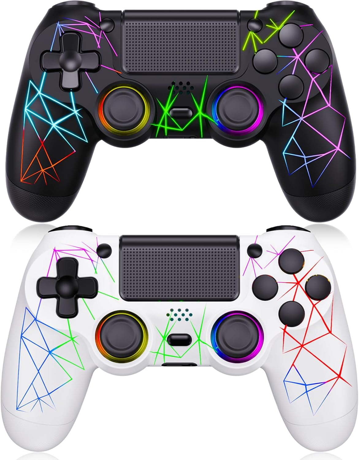 gamingboy 2 pack wireless controller for ps4, light-up rgb remote control for ps4/pc with hall effect joystick/1000mah battery/type-c/dual vibration/6-axis gyro/audio jack/touch pad?white black?