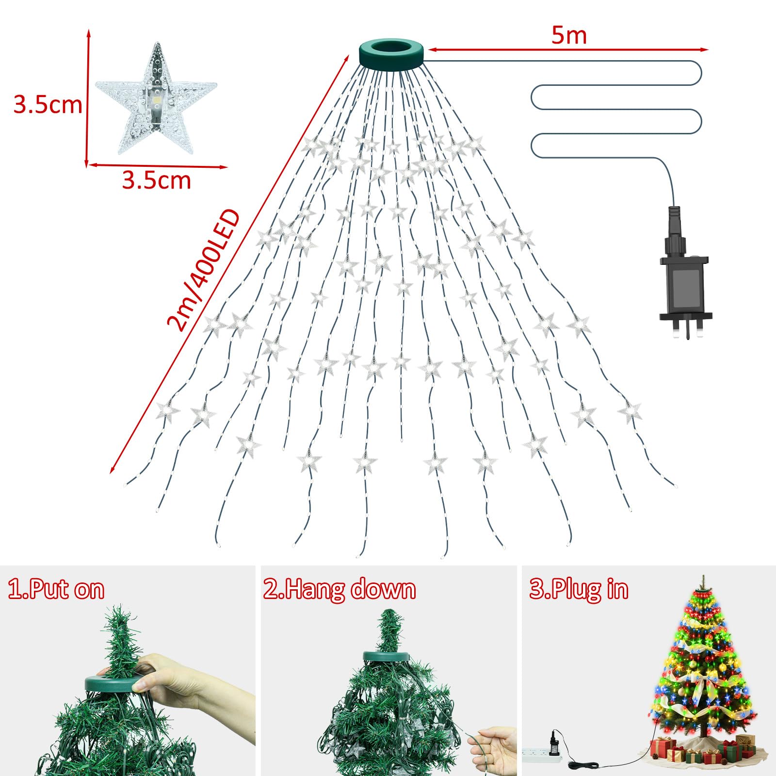 Etopgo Christmas Tree Lights with Star,2M 16 Lines 400LED Christmas Tree Fairy Lights with Timer,Xmas String Light Memory Function & 8 Modes for Xmas Tree Decorations - Image 2