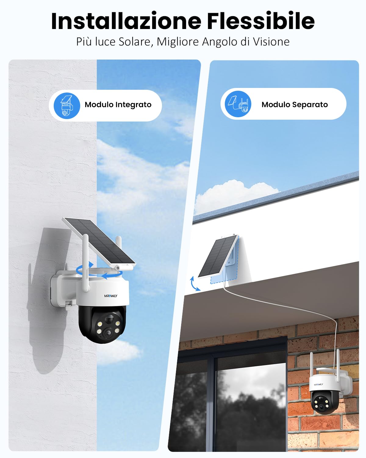 Telecamera WiFi Esterno 2K/3MP con Pannello Solare 2 in 1 | Senza Fili con Batteria, 360° PTZ, Visione Notturna a Colori, PIR, Audio Bidirezionale, Senza Abbonamento