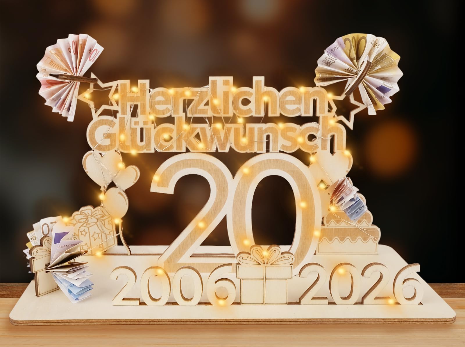 ARTREE Geldgeschenke Geburtstag Frau Mann, Holz Schild Gästebuch mit LED Lichterkette, Personalisiertes Geschenke Geburtstagszahlen, Geburtstag Deko, Hochzeit Deko
