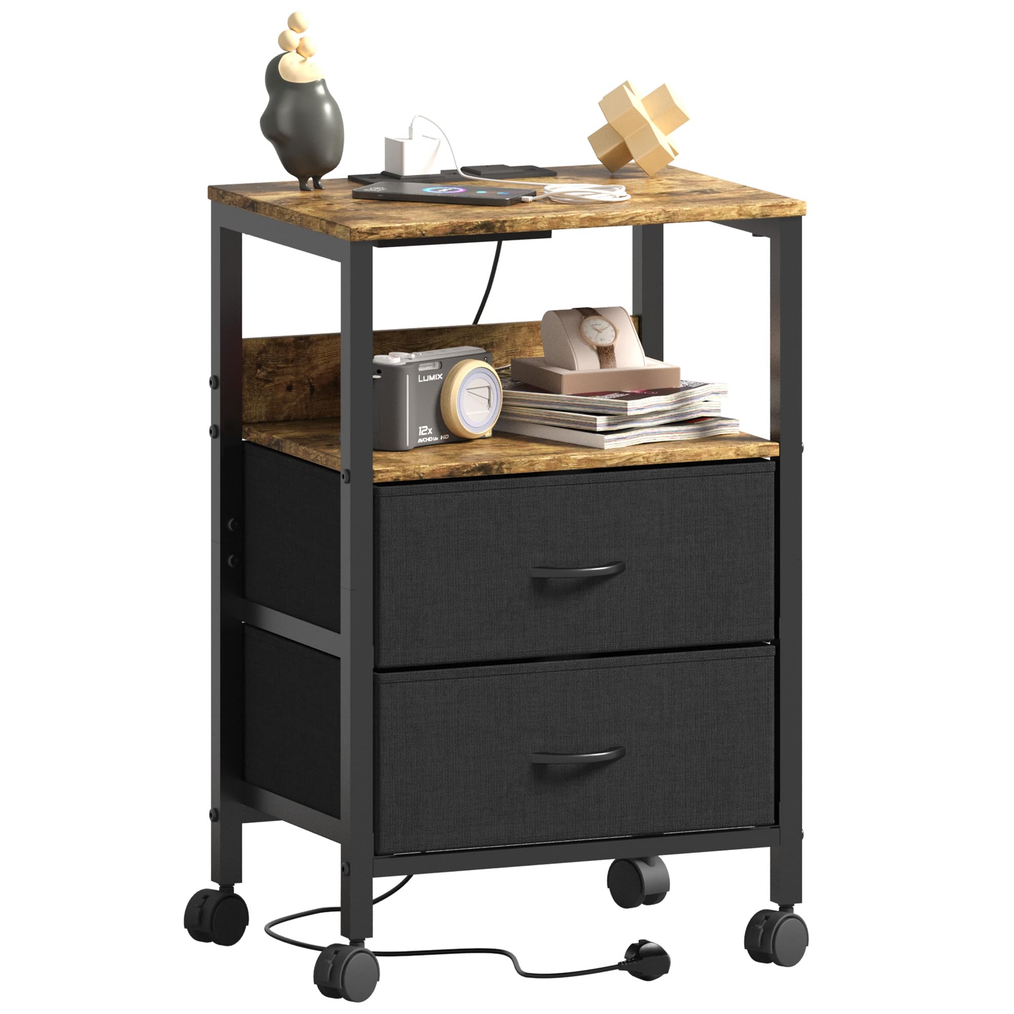 Lutown-Teen Bedside Table with Charging Station & 4 Wheels, Rustic Brown