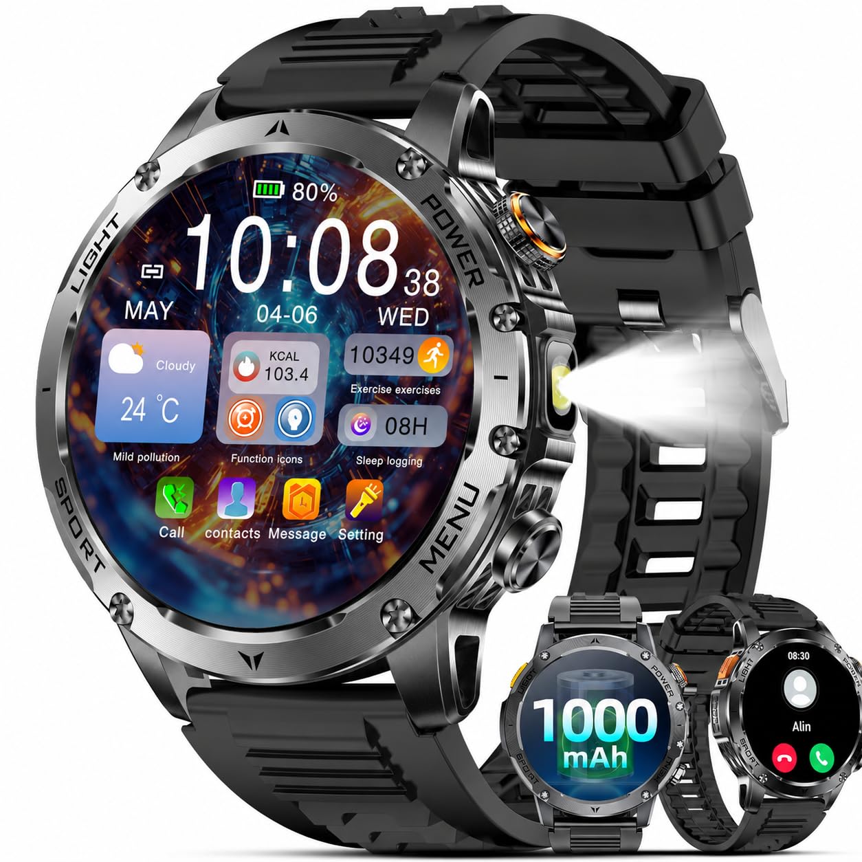 Smartwatch Militar Masculino,Relógio Inteligente com Chamadas,Tela HD de 1.45",2 Alças,100+ Modos Esportivos,Resistente à Água e Compatível com iOS e Android