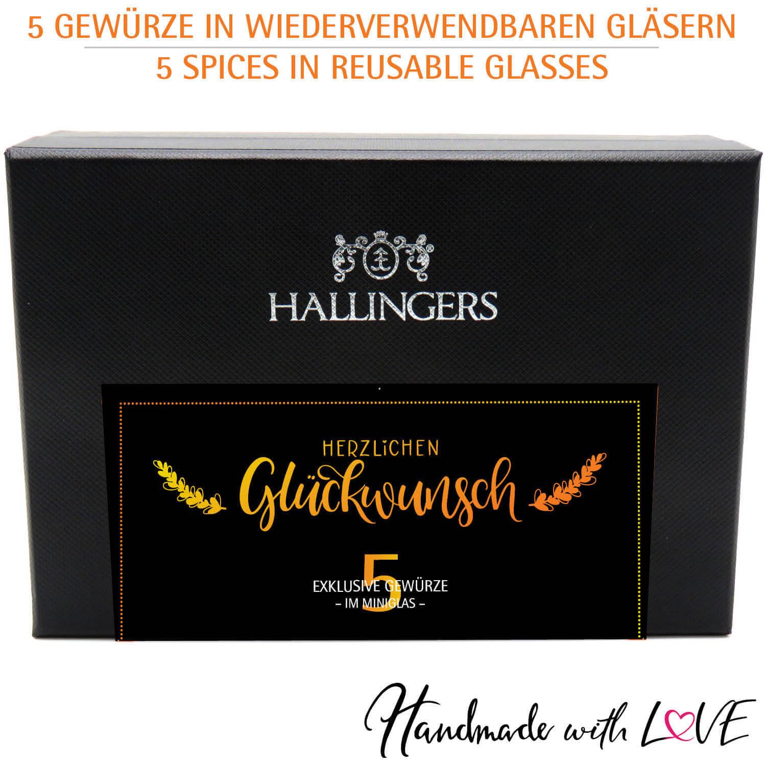 Hallingers Genuss Manufaktur Gewürz Glückwunsch-Geschenk-Set - 5 Gewürze aus aller Welt in wertiger Geschenkbox mit Rezept-Booklet "Herzlichen Glüc...", Geschenkidee für Frauen Männer