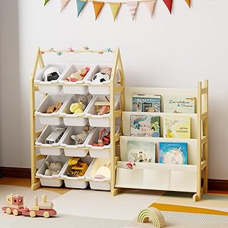 DUHARS Wooden Toy Storage Organiser Kids Bookshelf, with 12 Toy Organiser Bins, Child Book Shelf for Kids Rooms, Nursery, Baby Room, Playroom, Toddler Toys Storage Organisers Rack Bookcase Shelves