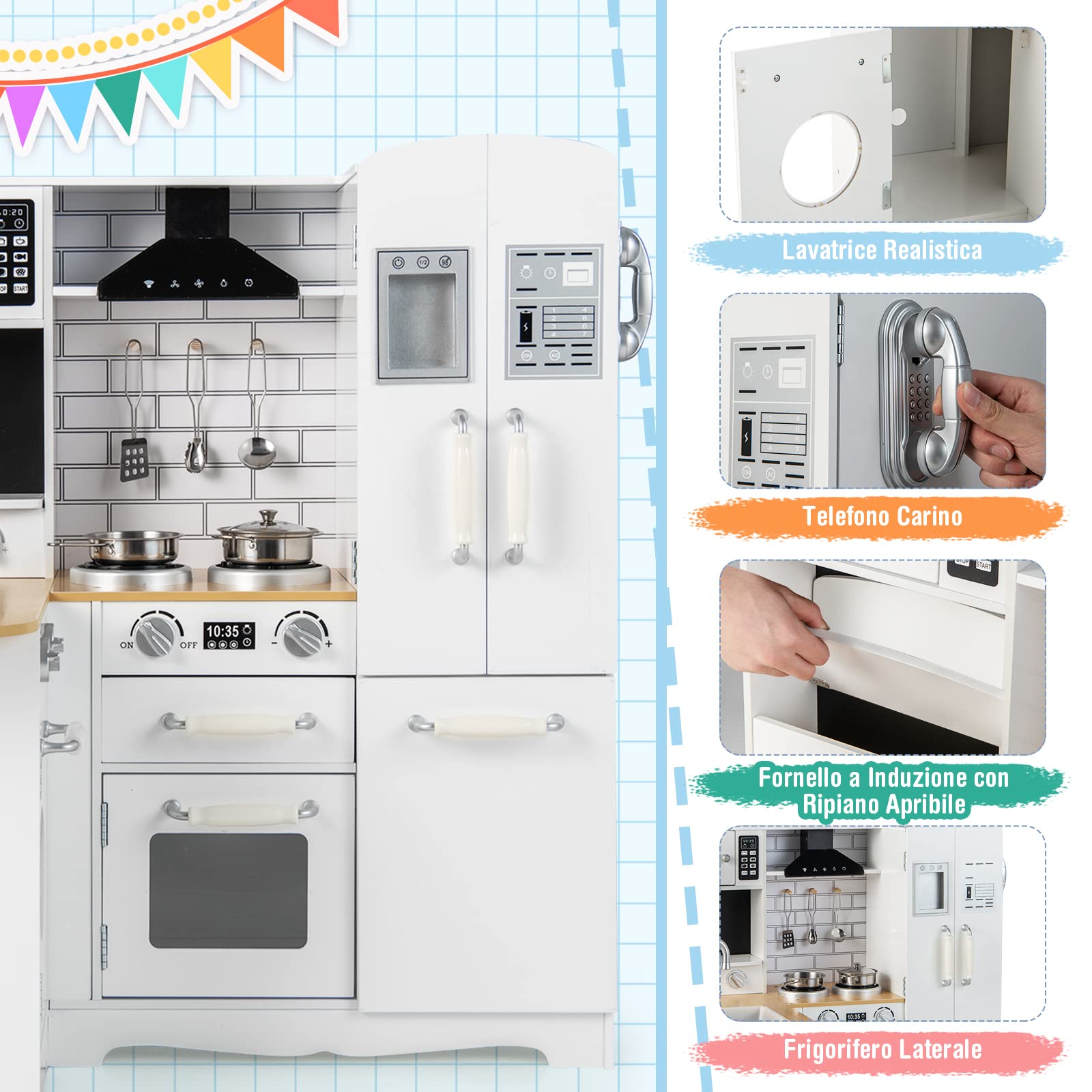 COSTWAY Cucina Giocattolo per Bambini, Cucina per Bambini in Legno con Lavello, Fornelli, Cappa, Telefono, Frigorifero, Lavatrice e Utensili da Cucina, 3 Anni+, Bianco