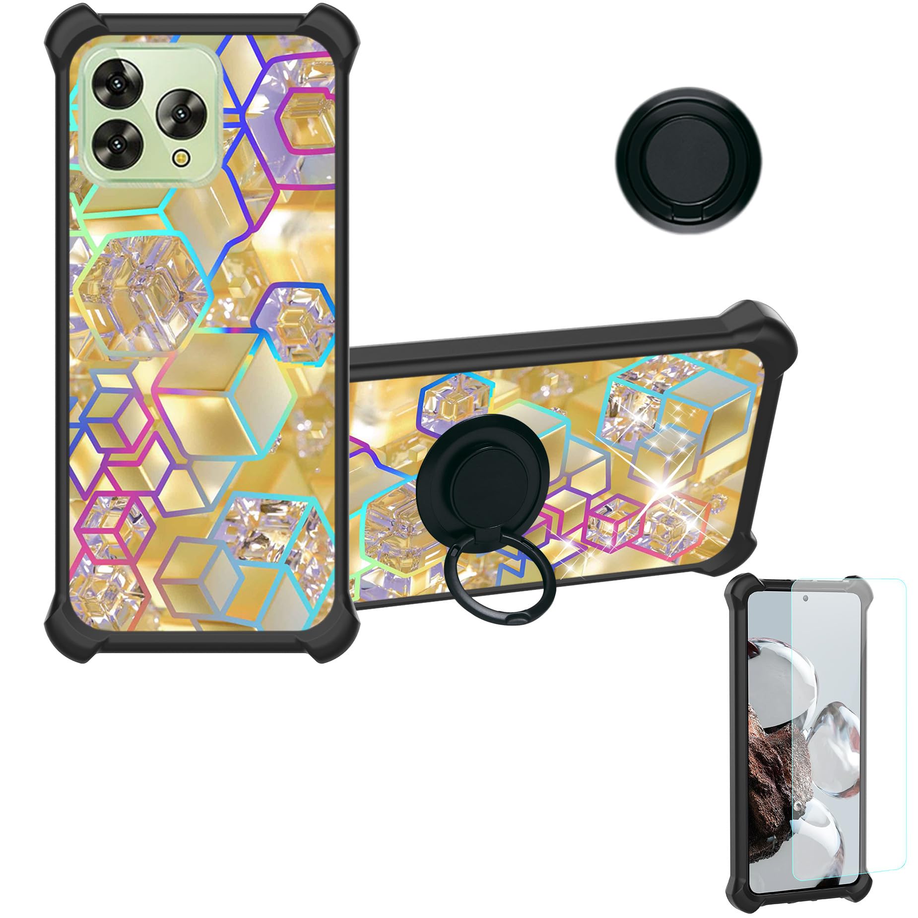 jioeuinlyCase Compatible for Coolpad Cool 30 Play Phone Case Cover [with Tempered Glass Screen Protector][Hard PC + Soft Silicone][Ring Support] [Colorful Reflect Light] IMDH-HSJ