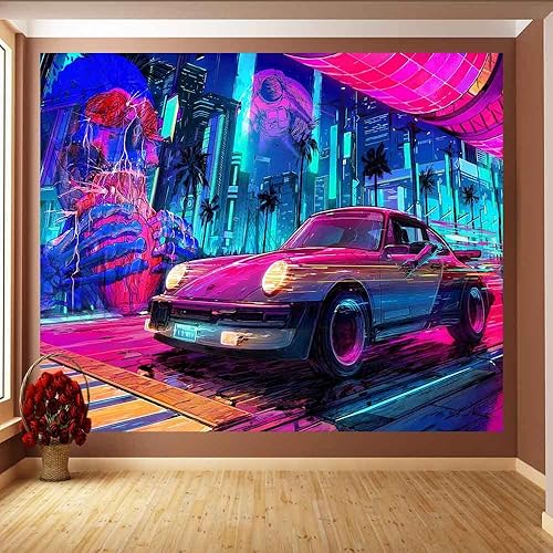Miniatura 4 de Ine Ive Tapiz retro de los años 80 para automóvil, diseño de ciudad punk, astronauta psicodélico, neón, para colgar en la pared, tamaño grande, 100