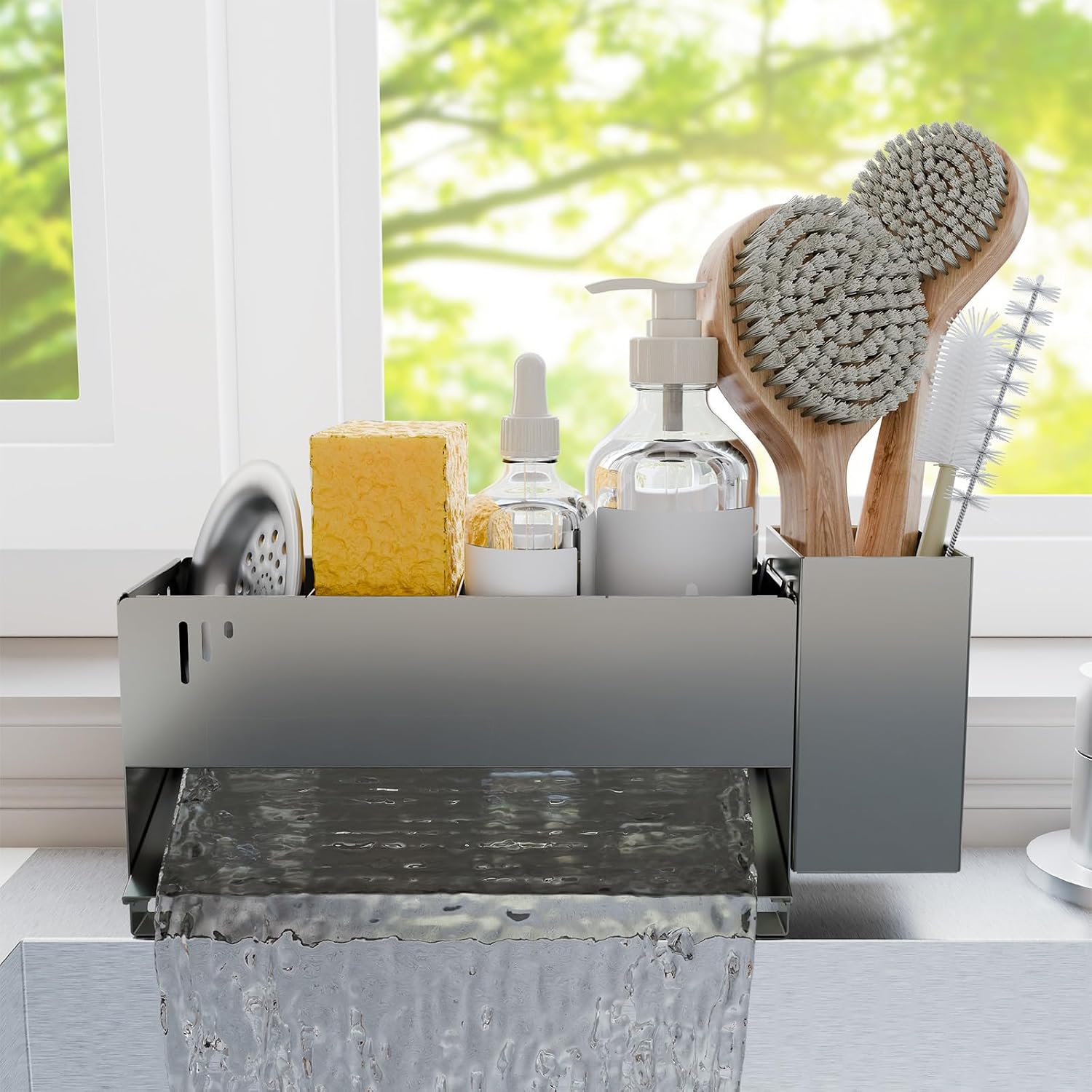 Kitchen Sink Caddy Organizer, Sponge Holder for Kitchen Sink with Upgraded Extra-Wide Drain Board, Efficient Drainage, Stainless Steel with Rust-Resistant Coating