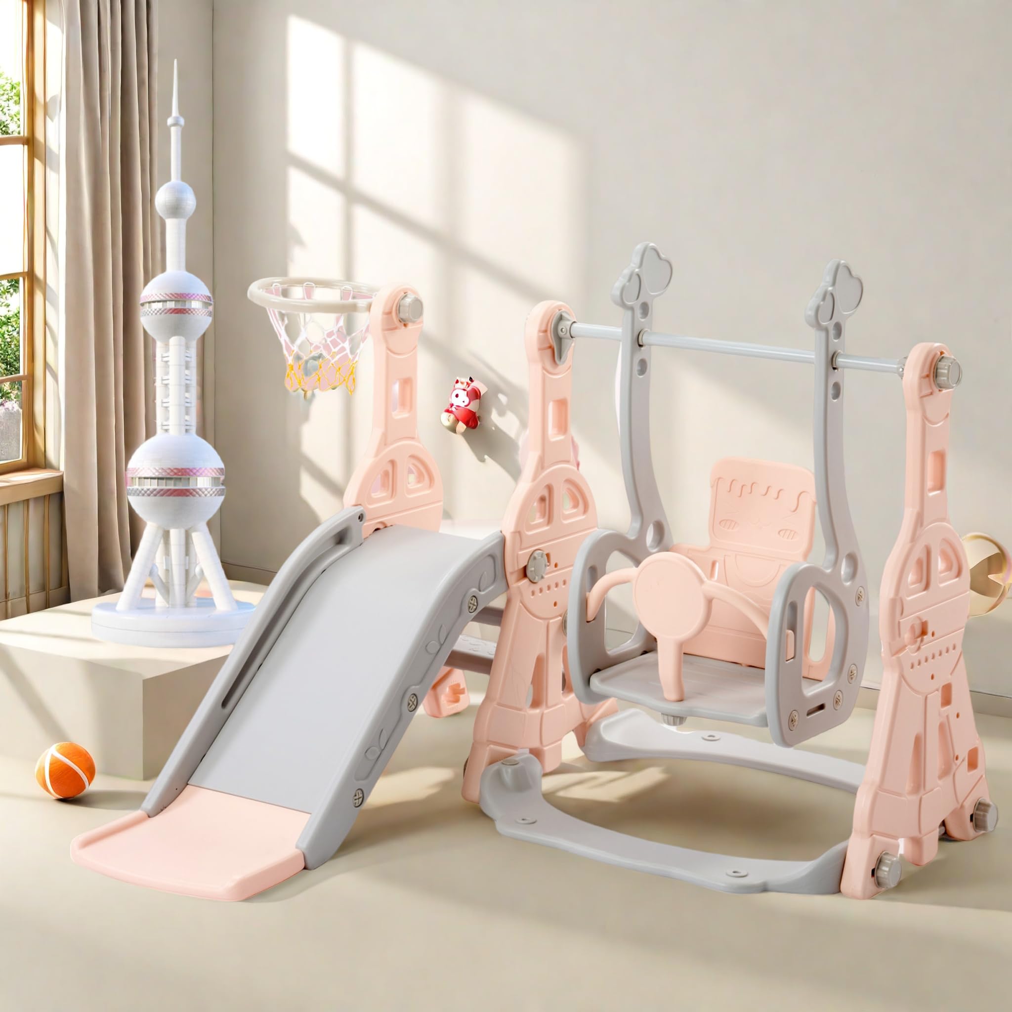 Tobogán infantil 4 en 1, a partir de 1 ~ 6 años, para exteriores e interiores, con columpio y canasta de baloncesto, escalada, tobogán para bebé, tobogán de jardín (rosa)
