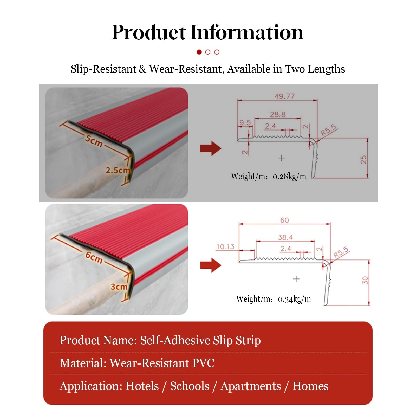 Tiras antideslizantes para peldaños de escalera, autoadhesivas, protectores de bordes de goma para peldaños interiores y exteriores, tiras de seguridad de vinilo para escaleras (rojo, 4,06 m160