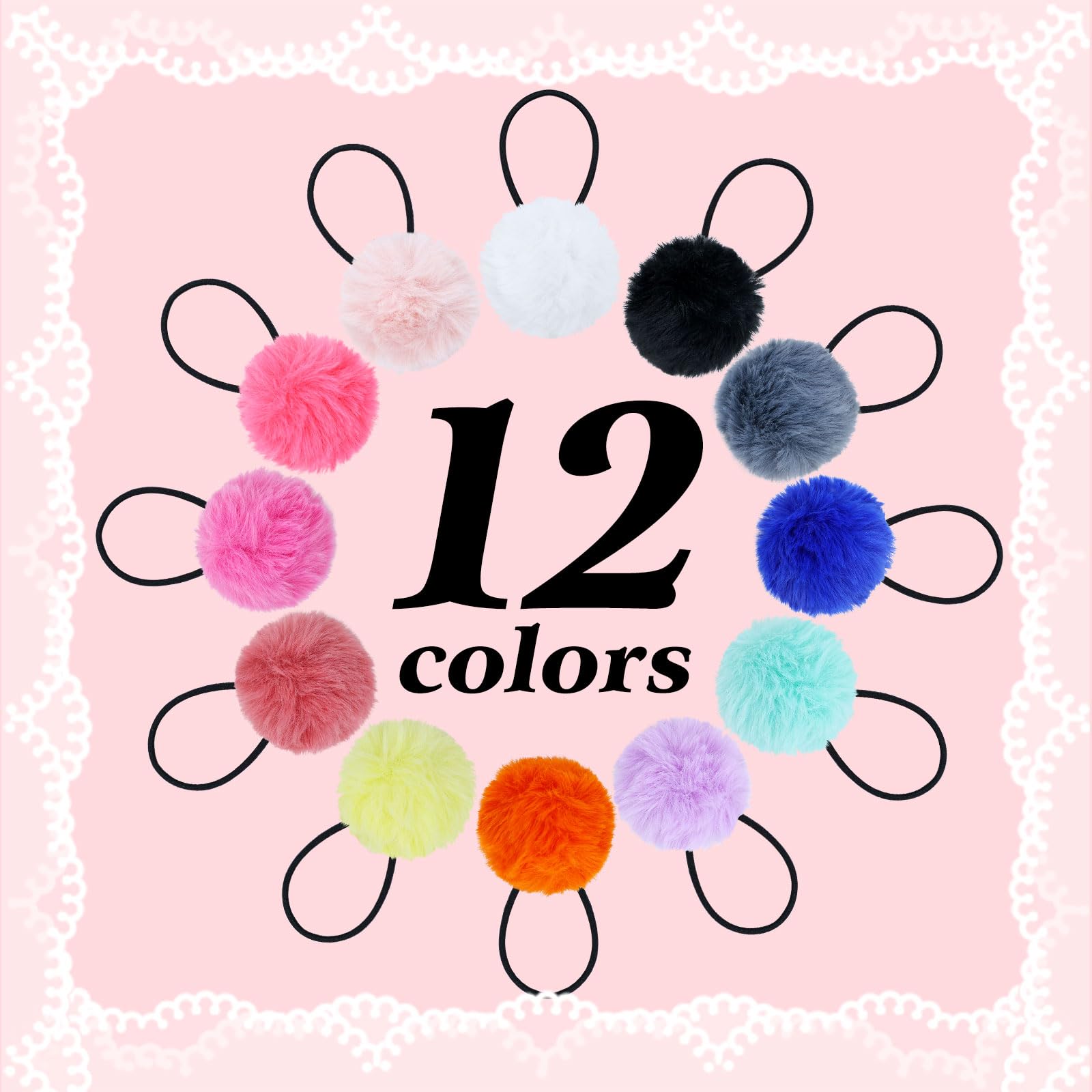 Dizila 24 Pcs/12 works Candy Color Fluffy Ball Pompom Hair Ties Bobbles Rubber Bands Pigtail Ponytail Holders Hair Scrunchies Elastics Accessories for Baby Girls Infants Toddlers Kids Teens Thin Hair - Image 3