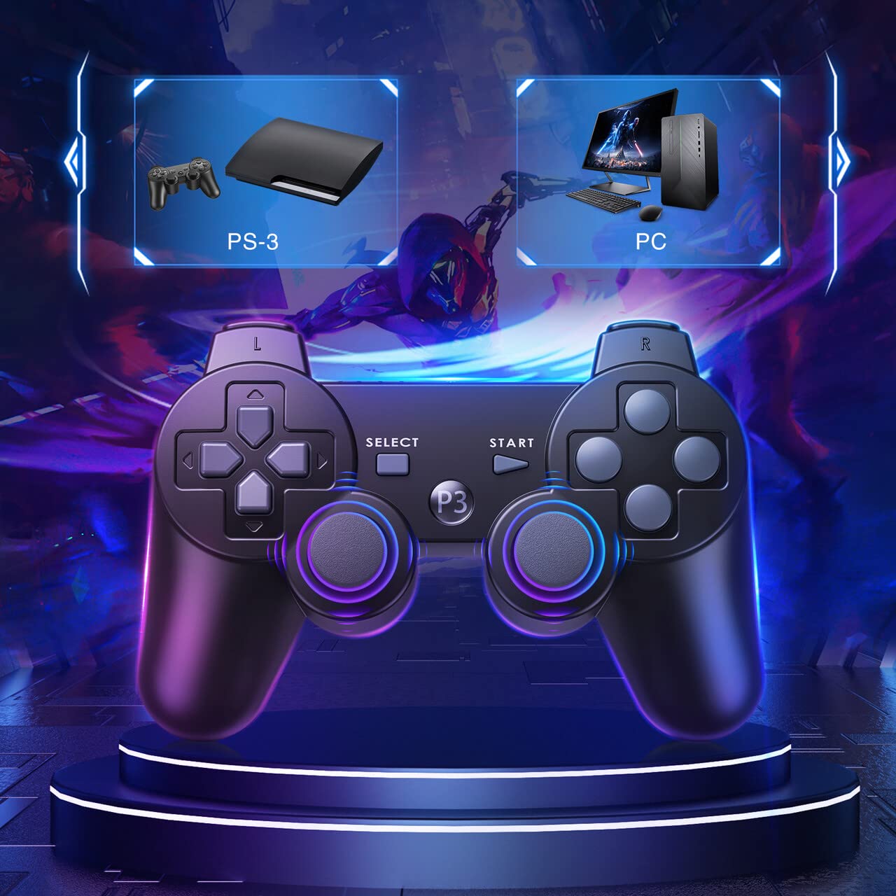 Powerextra PS-3 Wireless Controller for PS-3, 2 Pack High Performance Gaming Controller with Upgraded Joystick Double Shock for Play-Station 3 (Black and Blue) : Video Games