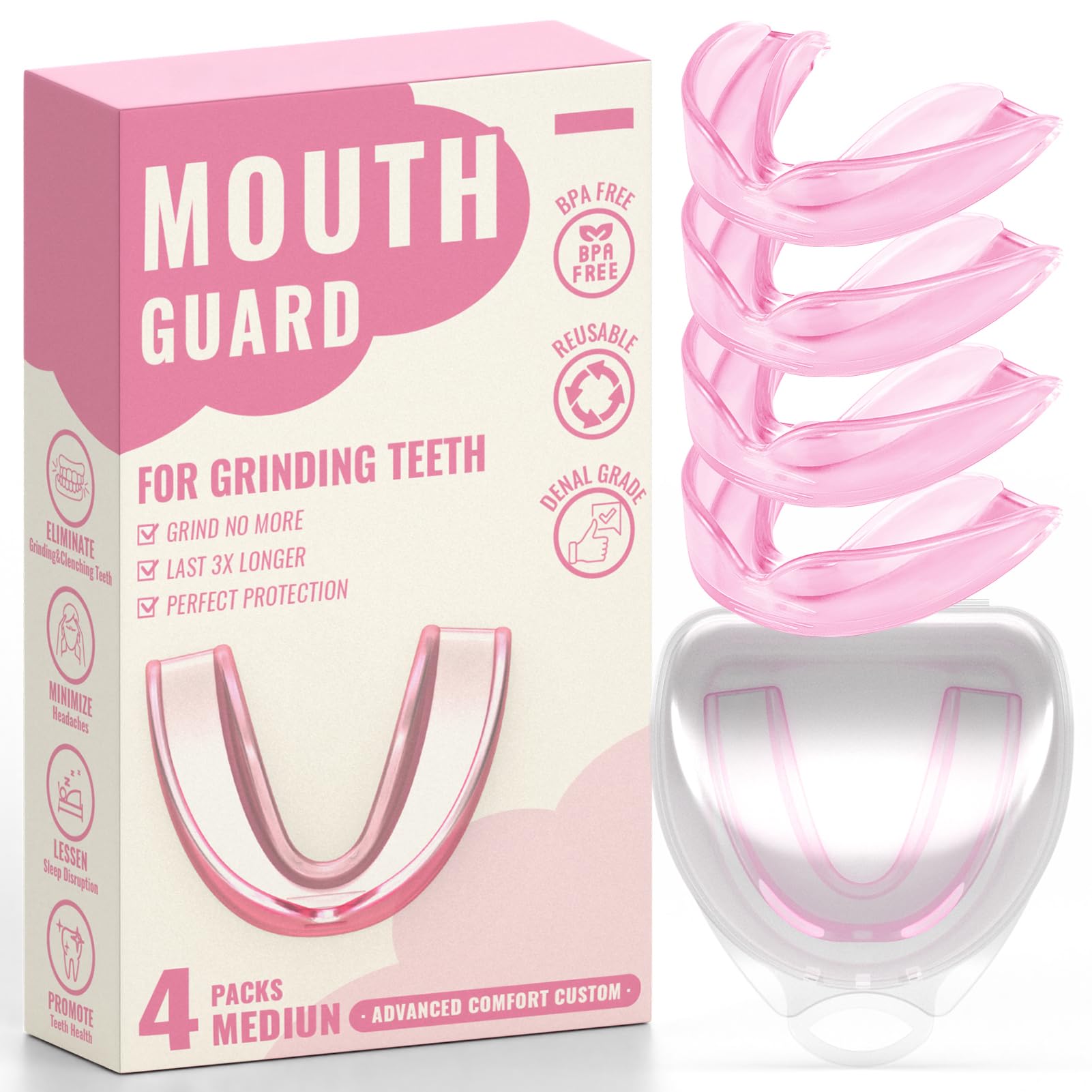 4 Pack Pink Mouth Guards for Women and Teens, Medium Size, Moldable Night Guards for Teeth Grinding and Clenching, Comfortable Bite Guards, Stylish