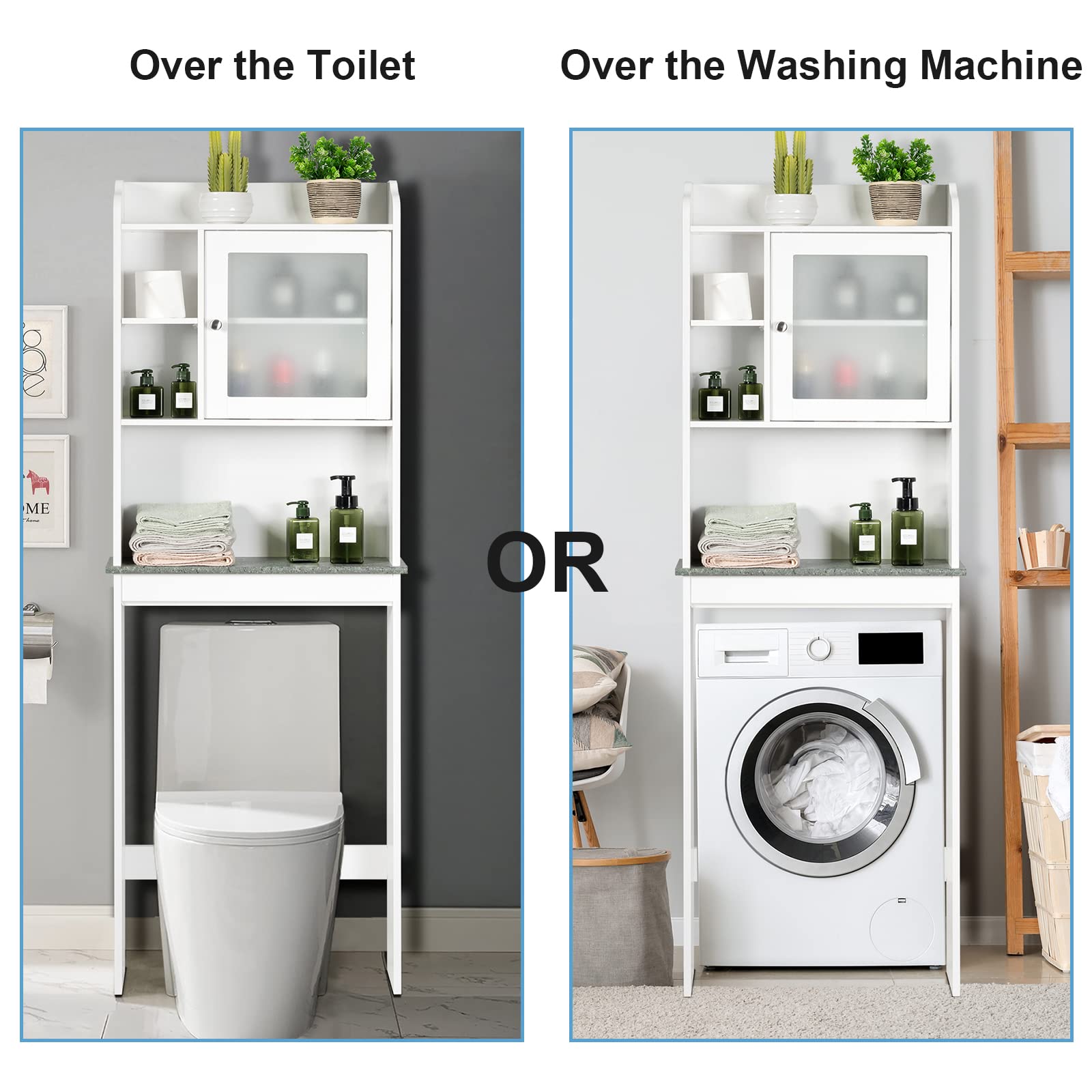 LIFEZEAL Armario para el Inodoro, Organizador sobre WC con Puerta de Cristal Satinado Templado con 4 estantes, Armario de baño Que Ahorra Espacio, 59,5 x 19 x 173cm