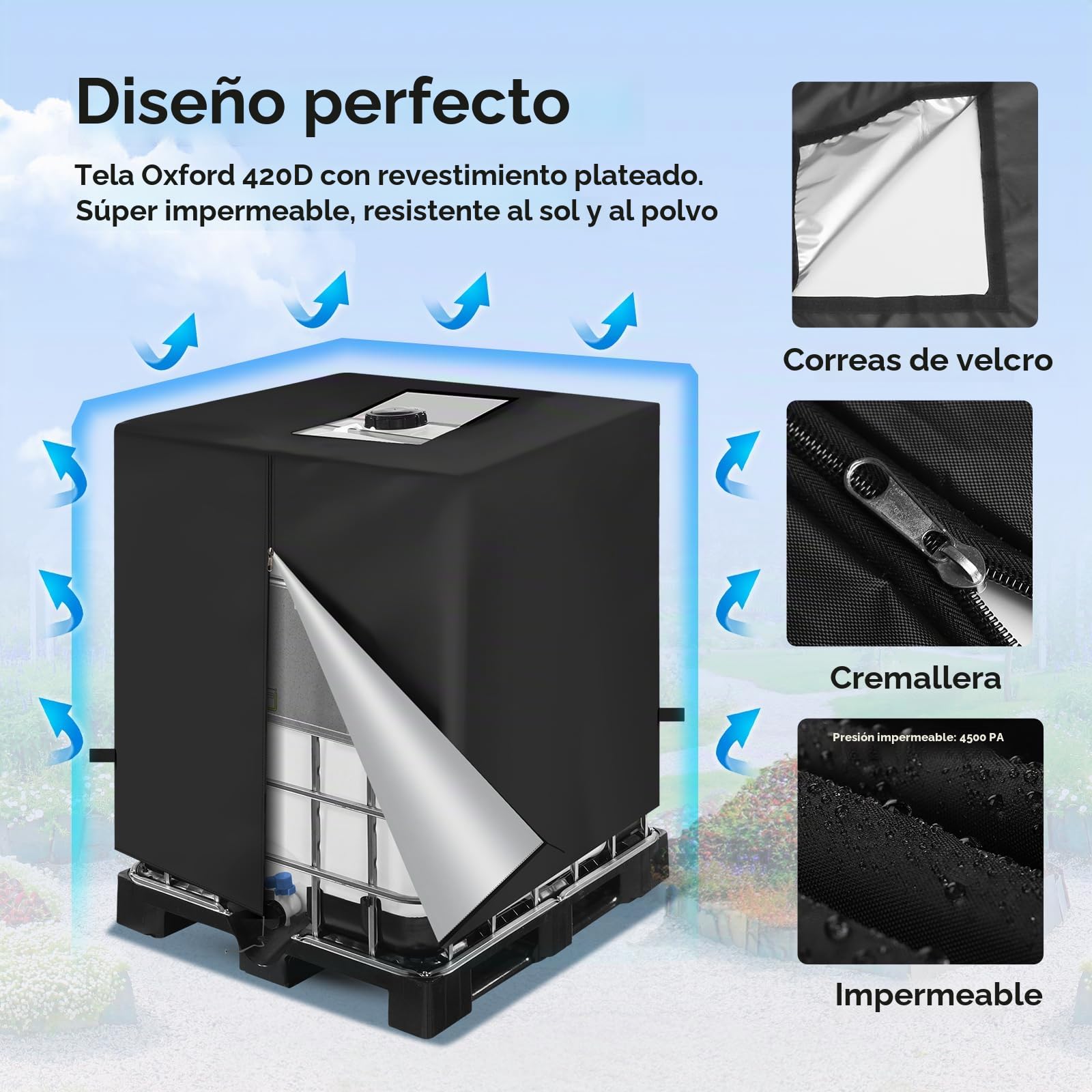 IBC Cubierta para Depósito de Agua 1000 litros NEVERLAND 420D Cubierta Contenedor IBC Funda de Deposito Agua 1000L Lona Protectora para depósito de Agua 120x100x116cm Negro