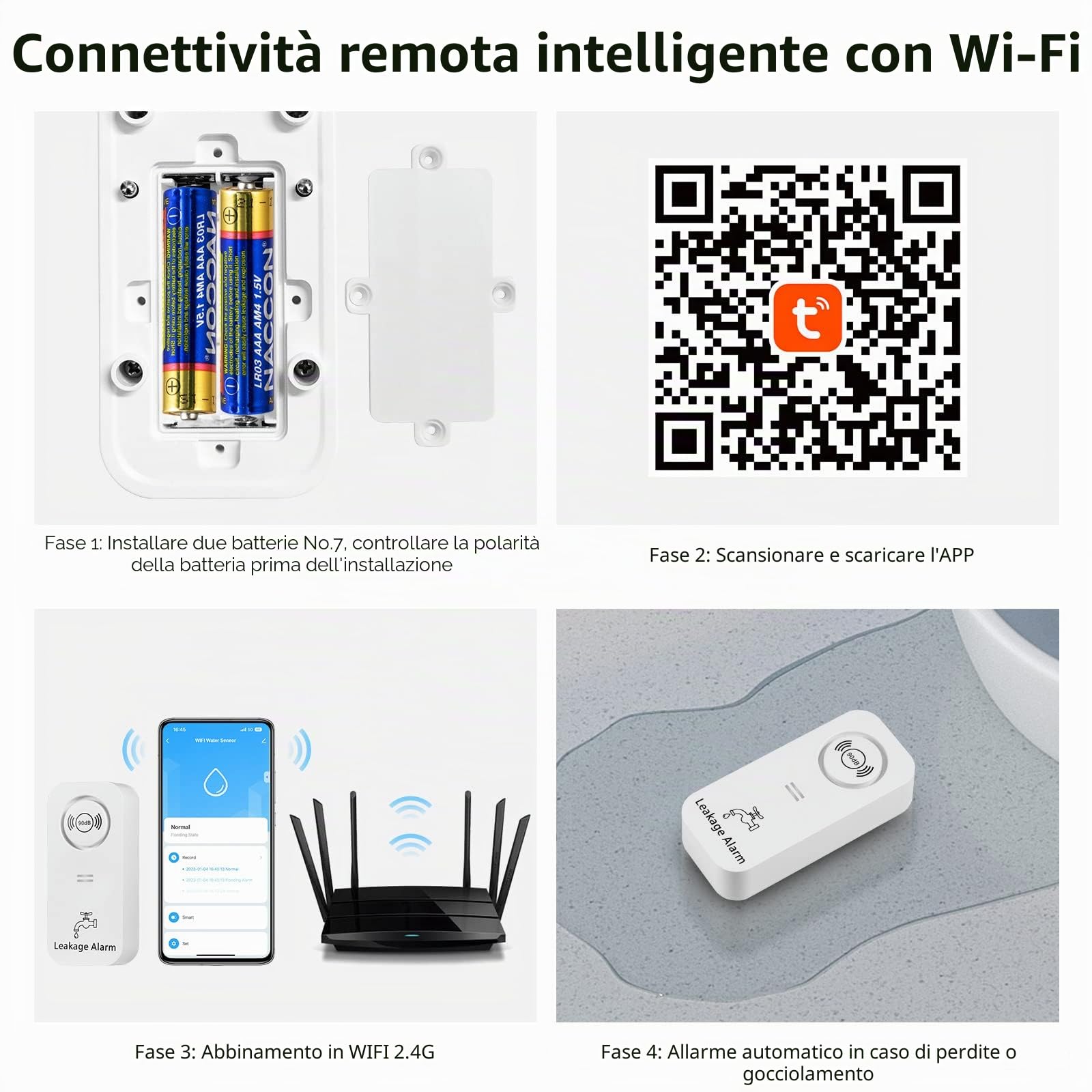 Wassermelder WLAN(2,4 G WiFi), 90 dB Wassersensor Alarm und App Alarm, kabelloser Wasseralarm, WiFi Wassermelder Wasseralarm für Rohre, Schlafzimmer, Küche, Badezimmer, Keller (5er-Pack)