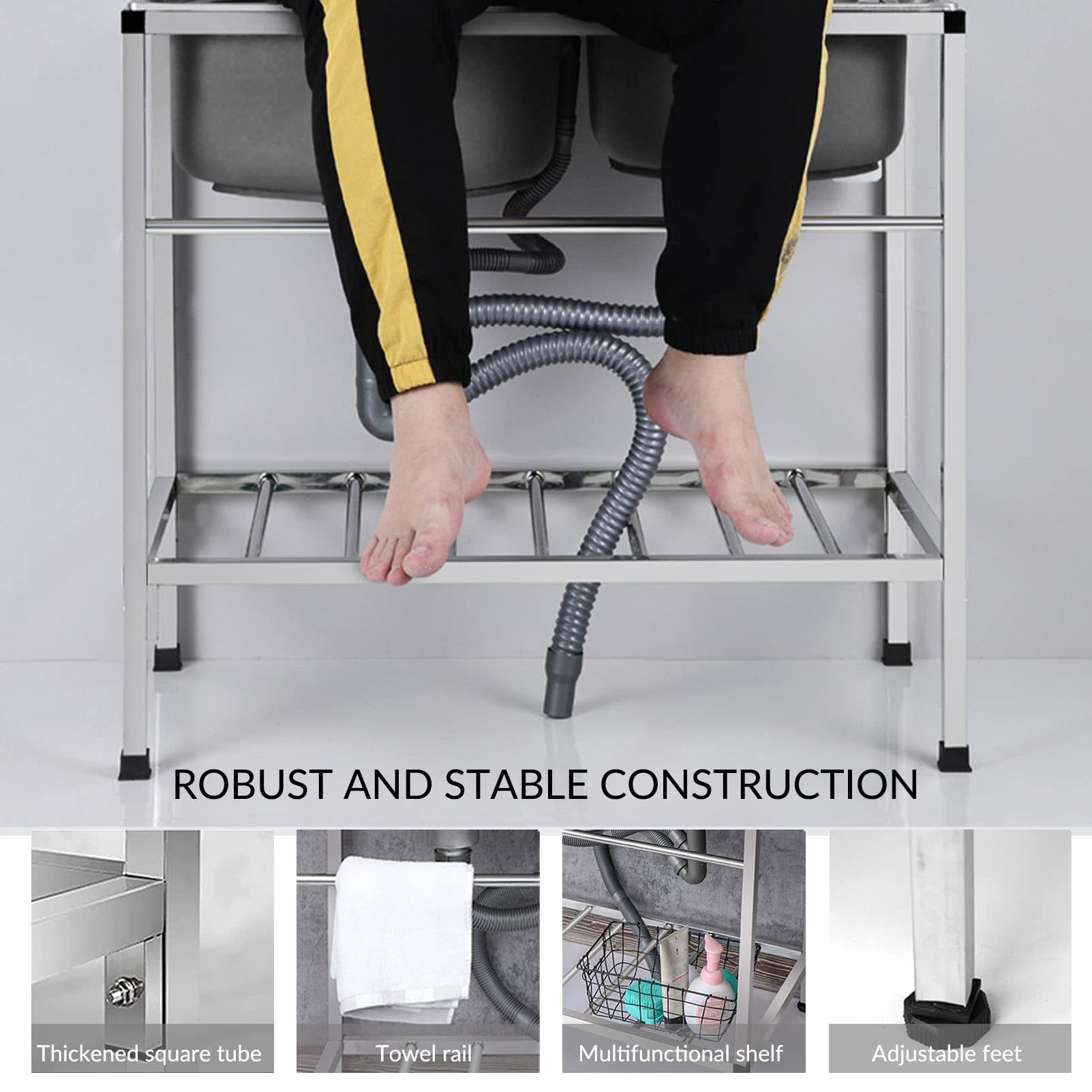 Évier Utilitaire Double cuve en Acier Inoxydable 304 avec étagère de Rangement, Robinet extérieur sur Pied pour buanderie