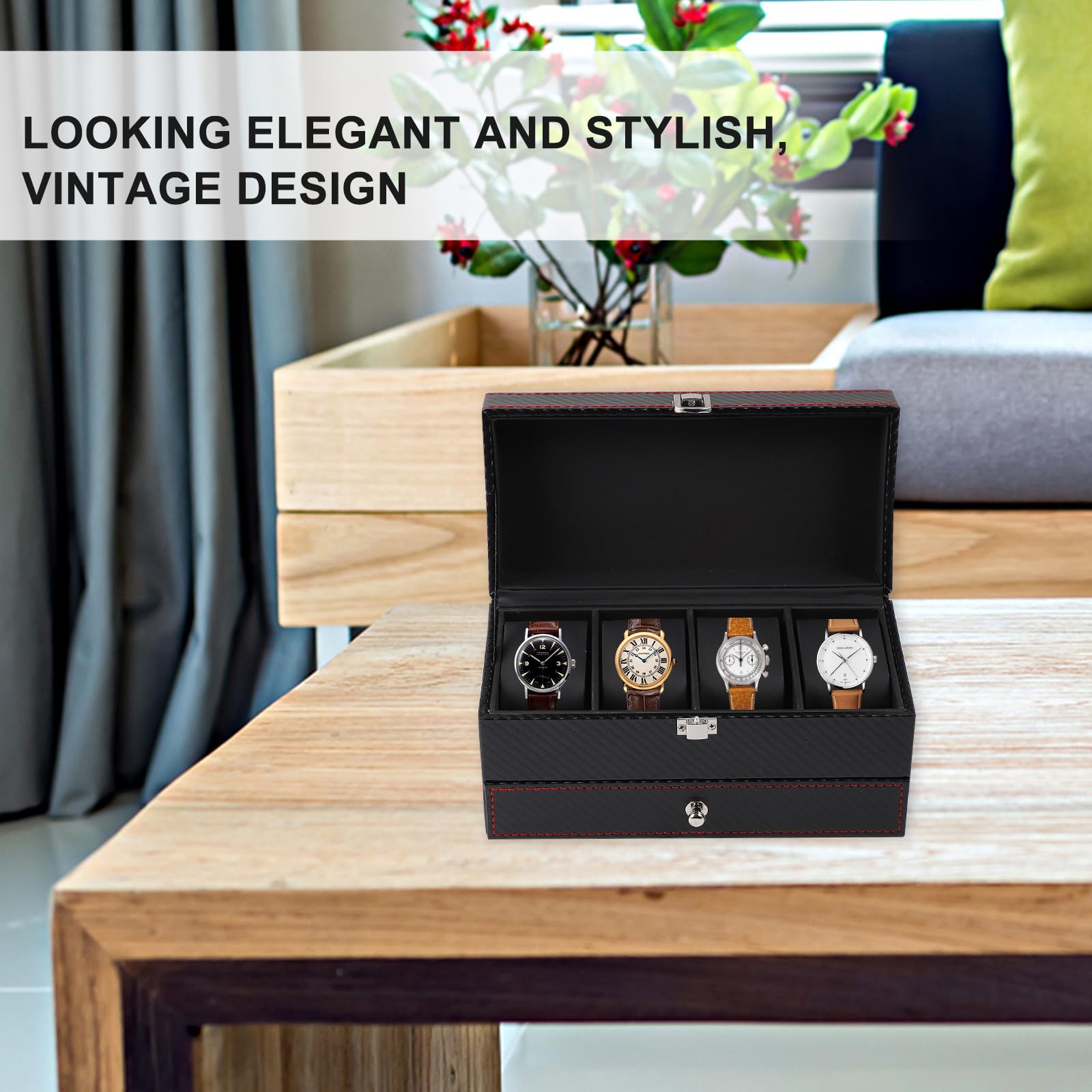 ifundom Boîte de Rangement pour Montres et Bijoux en Cuir Noir et Bois, Solide et Facile à Nettoyer, Stockage de Bijoux Engagements