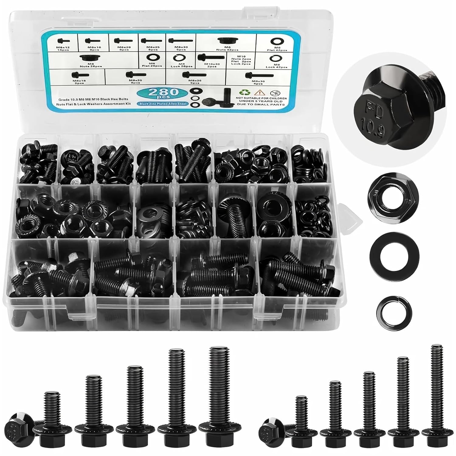 Set Screw Assortment Kit 280Pcs Metric Flange Hex Bolt Assortment Kit with Nuts and Washers for Homeowners,DIYers,Mechanics,Industrial Workers