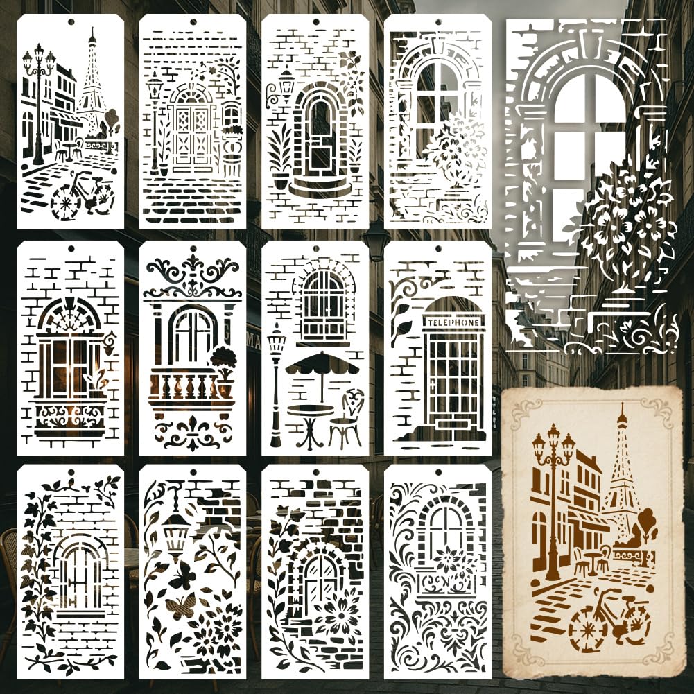 GOMAKERER 12 Sheets Retro French Texture Stencils for Painting, 12 Styles French Street View Designs Drawing Templates Vintage Pattern Reusable Art Stencil for Painting on Wall Wood Home Decor