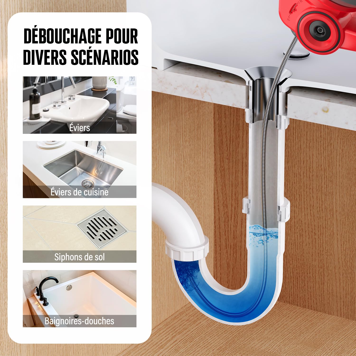 18V(20V MAX) Furet Déboucheur de Canalisation, Arbre Flexible de 7,6m Tarière de Vidange, Adapté au Diamètre du Tuyau de 19-76mm, Idéal pour le Drainage pour la Salle de Bain, l'Égouttement et l'Évier