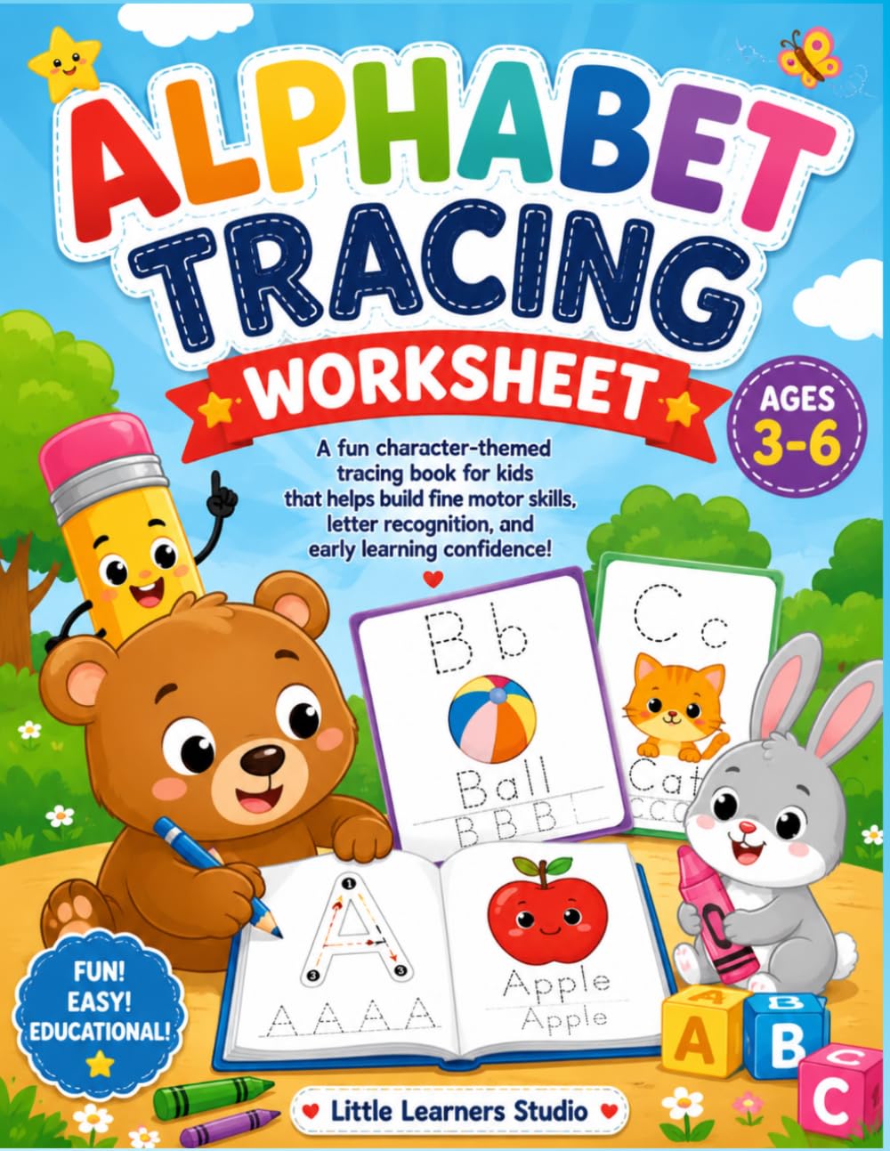 alphabet tracing worksheet: Fun ABC Letter Tracing, Handwriting Practice, Pitcher tracing Pages & Kindergarten Kids