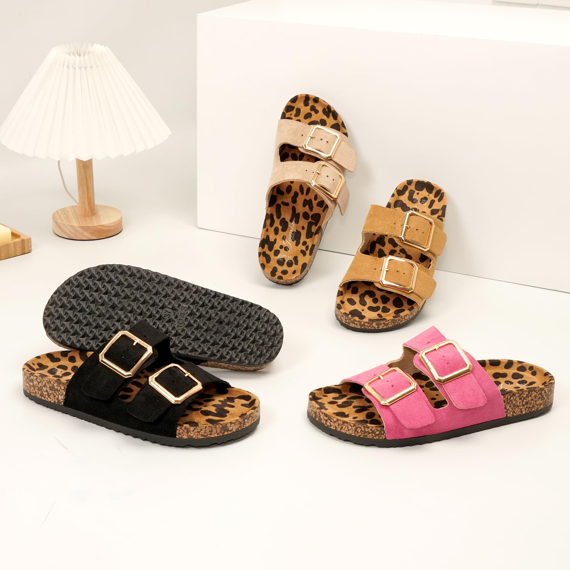 JOMIX Sandalias para Mujer con Dos Hebillas Suela de Corcho y Estampado de Leopardo Chanclas Cómodas para Playa