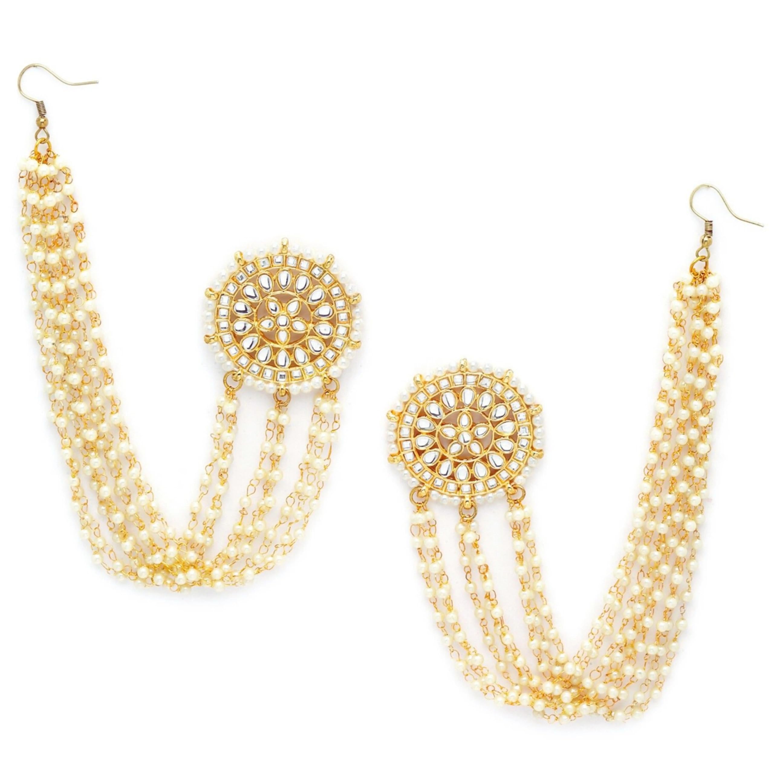 Gold Plated Pearl Chain Kundan Kaanchain Earrings for Women