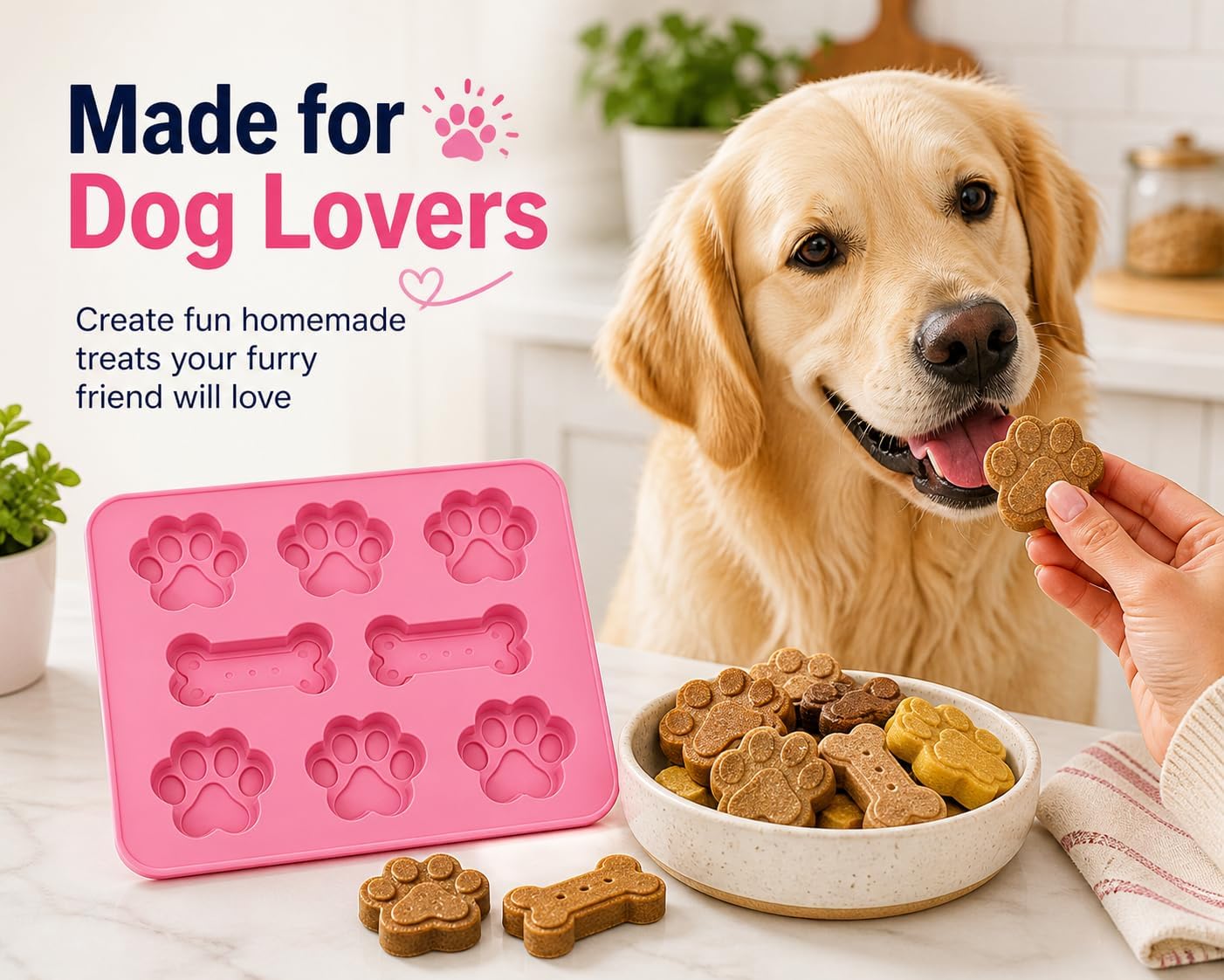 Set of Two Dog Paw Print Silicone Mold for Homemade Dog Treats for Baking Chocolate Candy, Oven Microwave Freezer Safe (Bone & Paw Print)