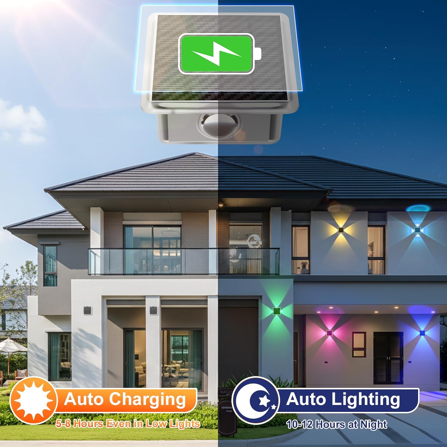 AUDLES Solar Lights Outdoor Waterproof, 4-Sided Glow Solar Wall Lights, Warm White & RGB 8 Modes Color Changing Solar Fence Lights for Doorway Patio Deck Backyard-8 Pack