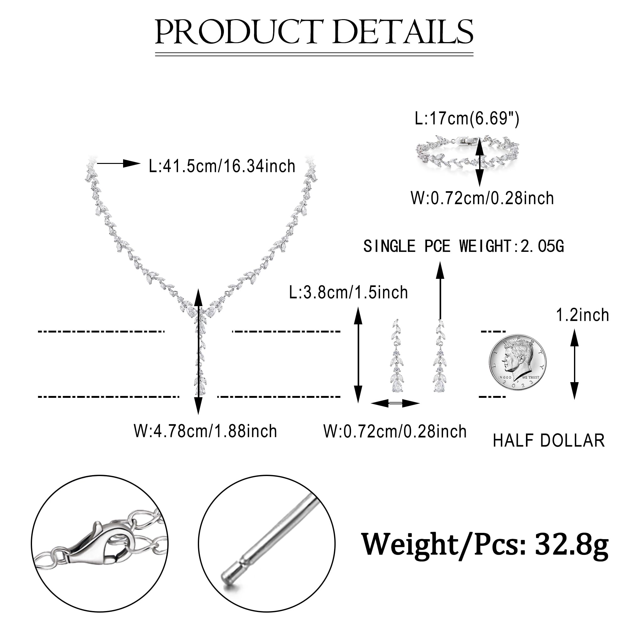 EVER FAITH Schmuck Set für Damen Party Braut, Elegante Blatt Marquise Zirkonia Y-Shape Halskette und Ohrringe Armband für Hochzeit Bankett Party