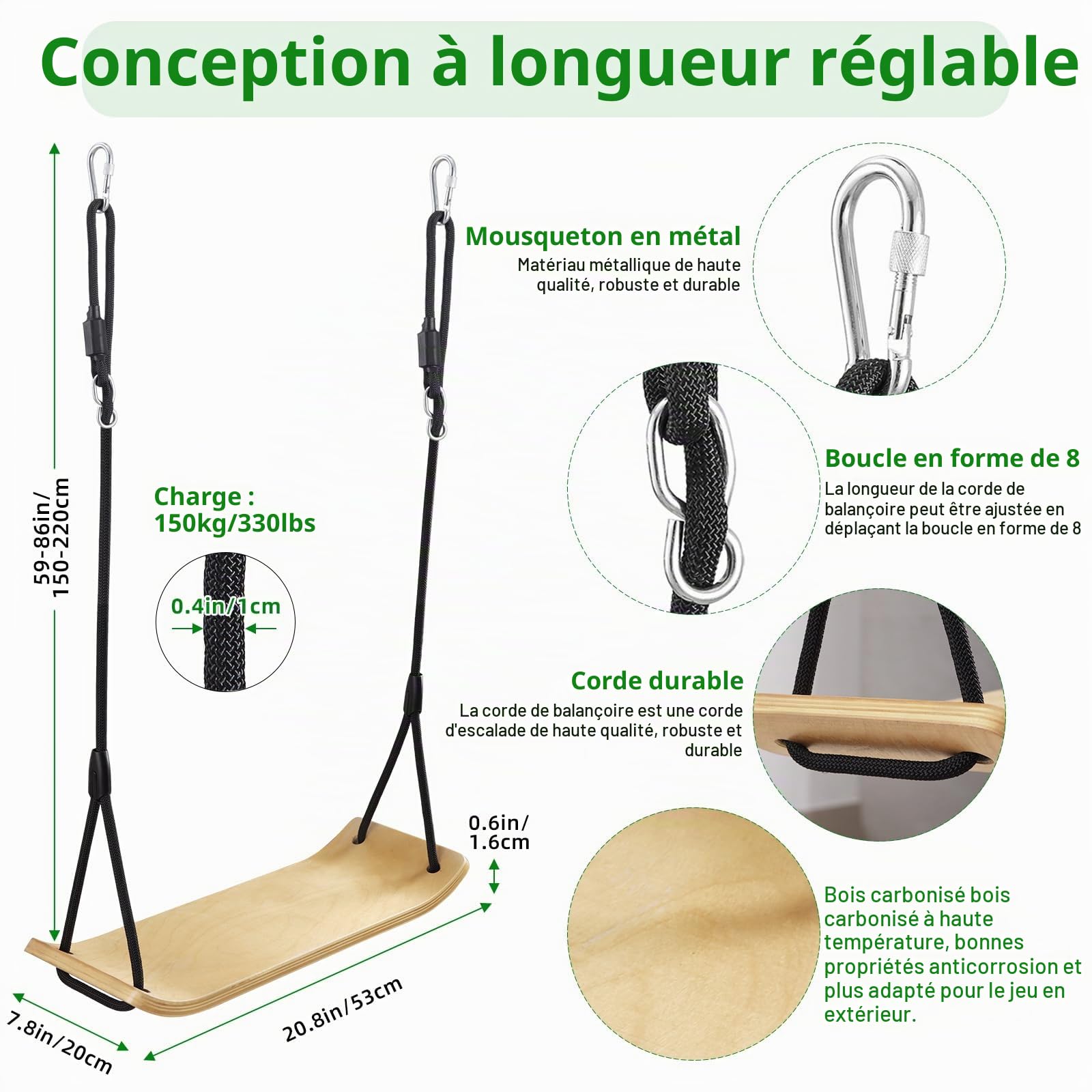 Balançoire Exterieur Bois Grand 53 * 20cm pour Adulte Enfants avec Corde Réglable pour Arbre Jardin Portique Toboggan