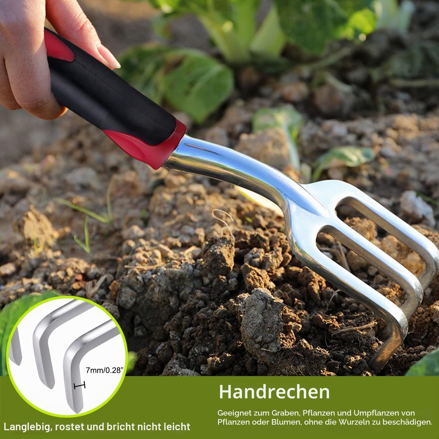 FANHAO 3-teiligem Gartenwerkzeug Set, Gartengeräte Set aus Edelstahl, Gartenset Werkzeug, Handkelle, Pflanzkelle, Harke (Rot)