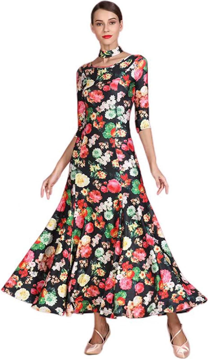 Ballroom Dance Dresses for Women Competition Smooth Printed National Standard Dance Dress Long Sleeve Swing Skirt