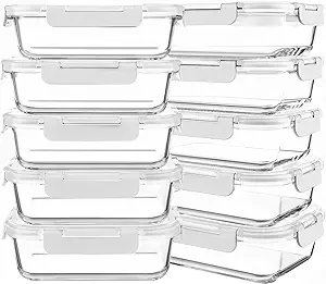 KOMUEE 10 Packs 30 oz Glass Meal Prep Containers,Glass Food Storage Containers with Lids,Airtight Glass Lunch Bento Boxes,Microwave, Oven, Freezer and Dishwasher,White
