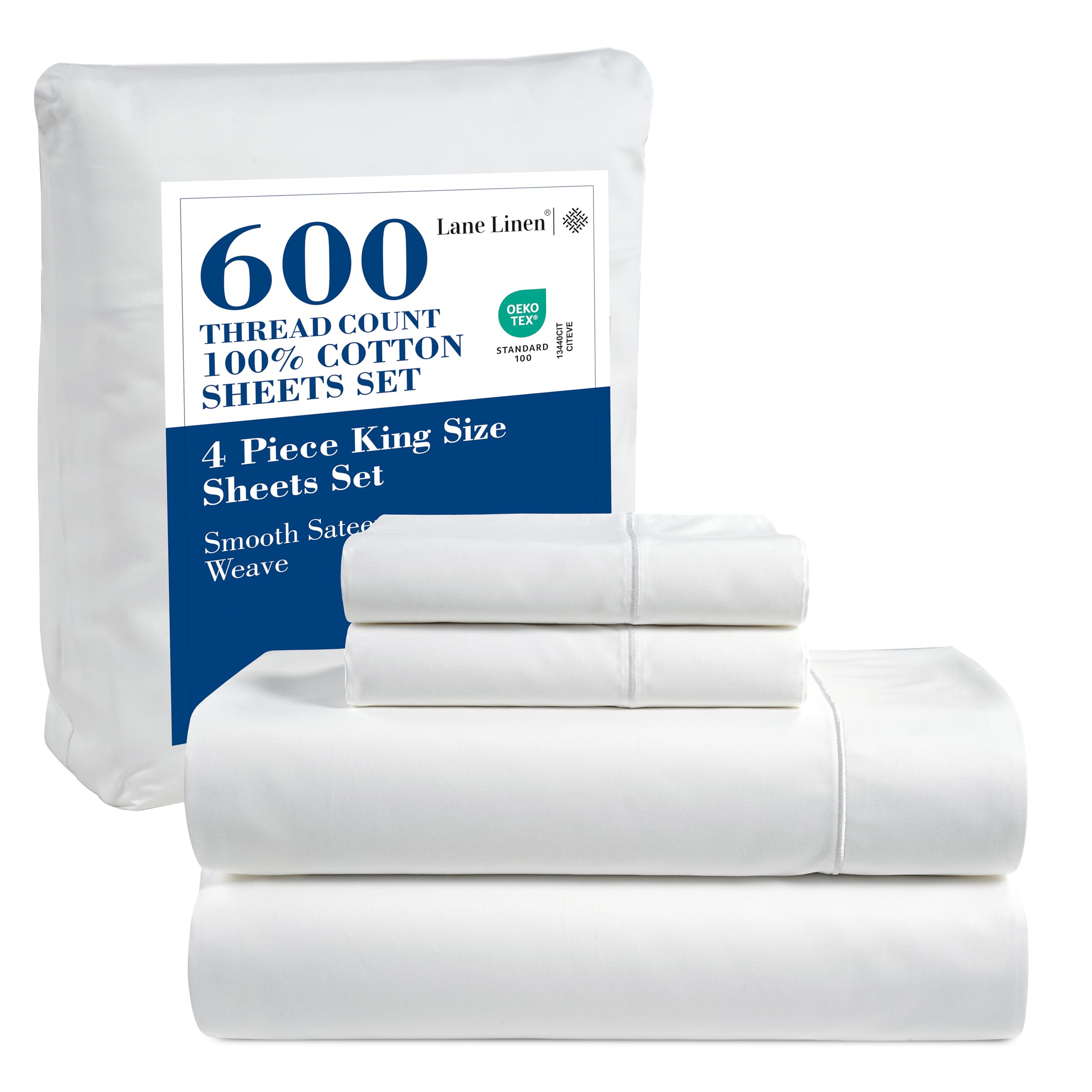LANE LINENKing Size 600 Thread Count Sateen Cotton Bed Sheets Set, 4 PC King Size White Sheets Set
