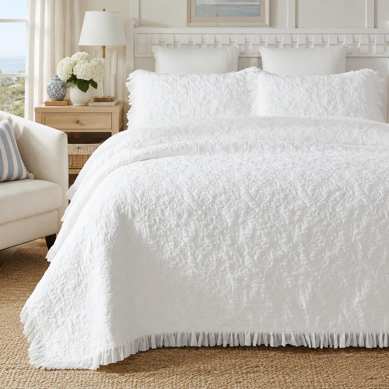 Brandream Juego de Ropa de Cama de algodón Blanco sólido tamaño King, Colcha Matelasse con 2 Fundas de Almohada: Elegante Colcha con Volantes, Juego de Ropa de Cama Ligero Femenino