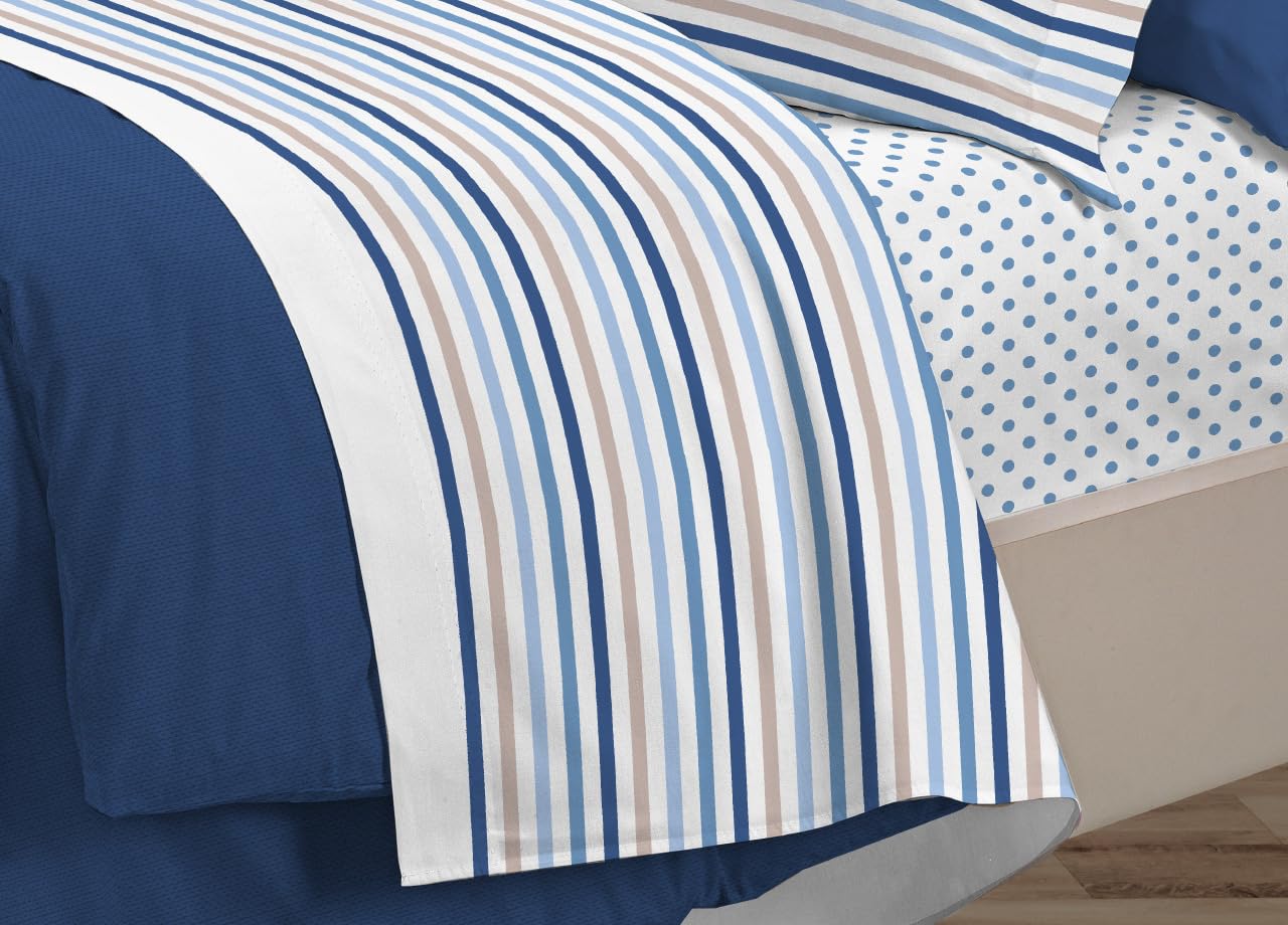 BIANCHERIAWEB Completo Lenzuola Letto 100% Cotone Italy 3027 Disegno Riga Dots Piazza E Mezza Blu