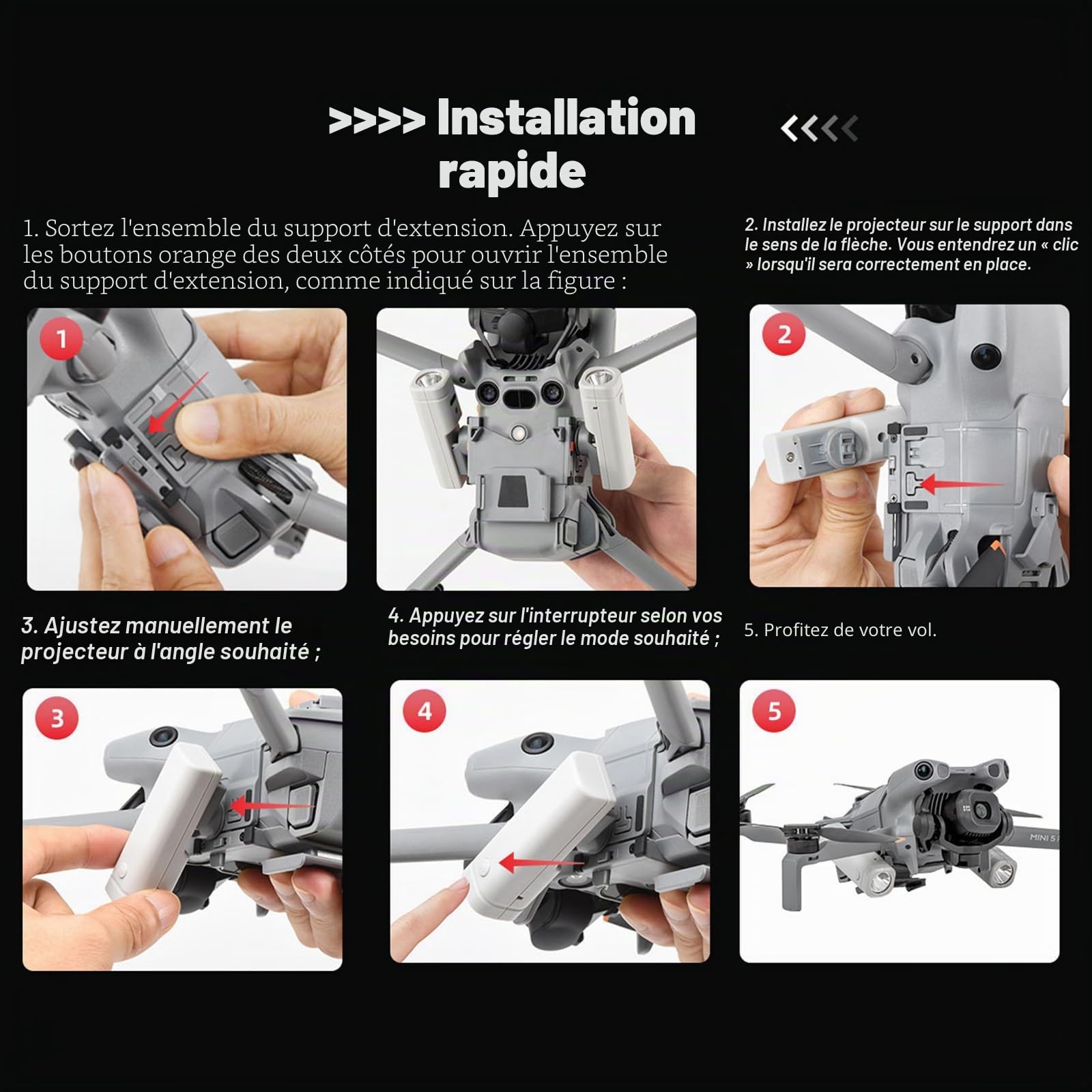 Mini5 Pro Drone Projecteur de recherche pour DJI Mini 5 Pro - Veilleuse rechargeable - Lumière double - Rotation à 360° - Modes multiples - Vol de nuit