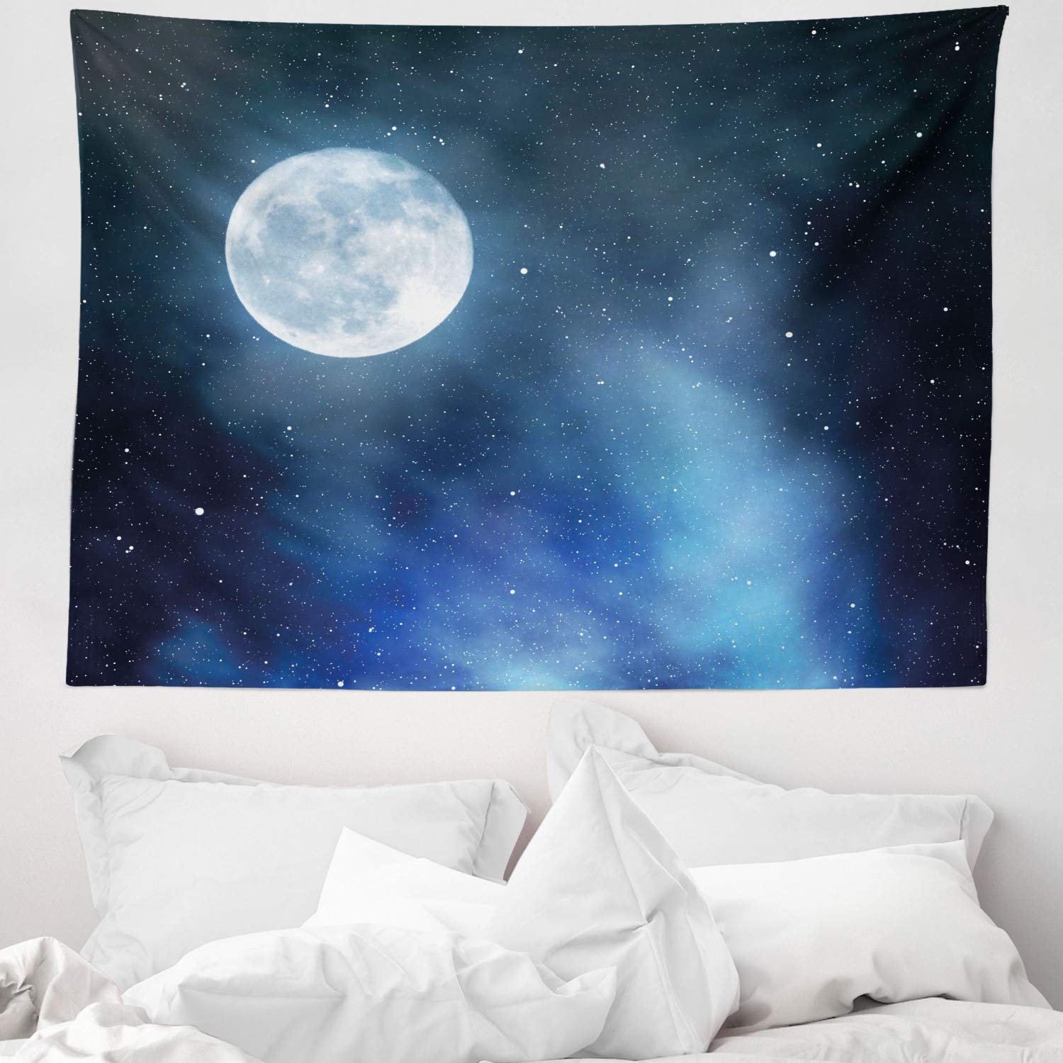 Abakuhaus Moon Tapestry Night Sky With Stars Full Moon Universe Space Heavenly Bodies Romantic Evening Fabric Wall Hanging Decor For Bedroom Living Room Dorm 58 W X 43 L Black Blue White