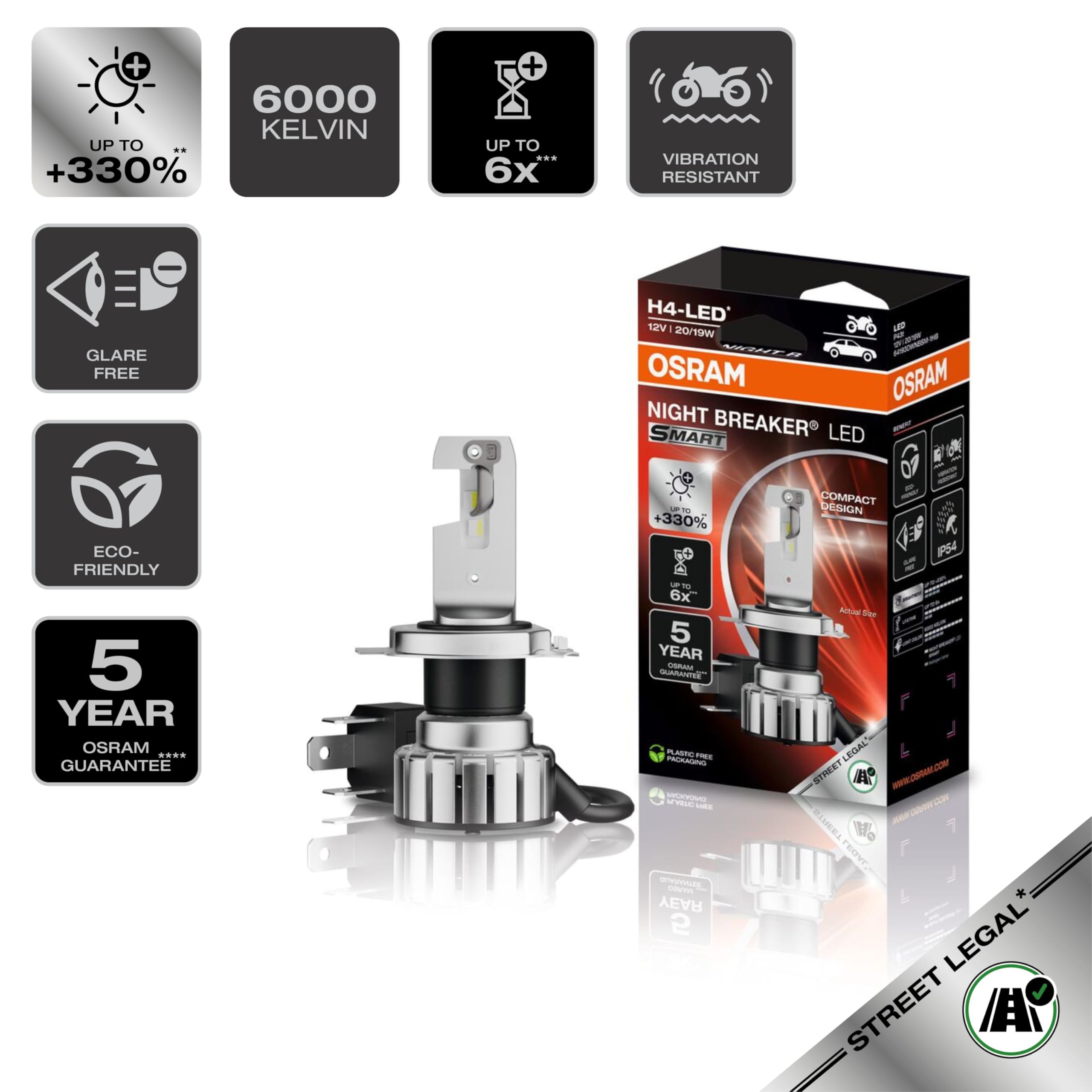 OSRAM NIGHT BREAKER LED SMART H4 para motos; hasta un 330% más de brillo; 6000K, lámpara LED retroadaptable para motocicletas legales en la calle