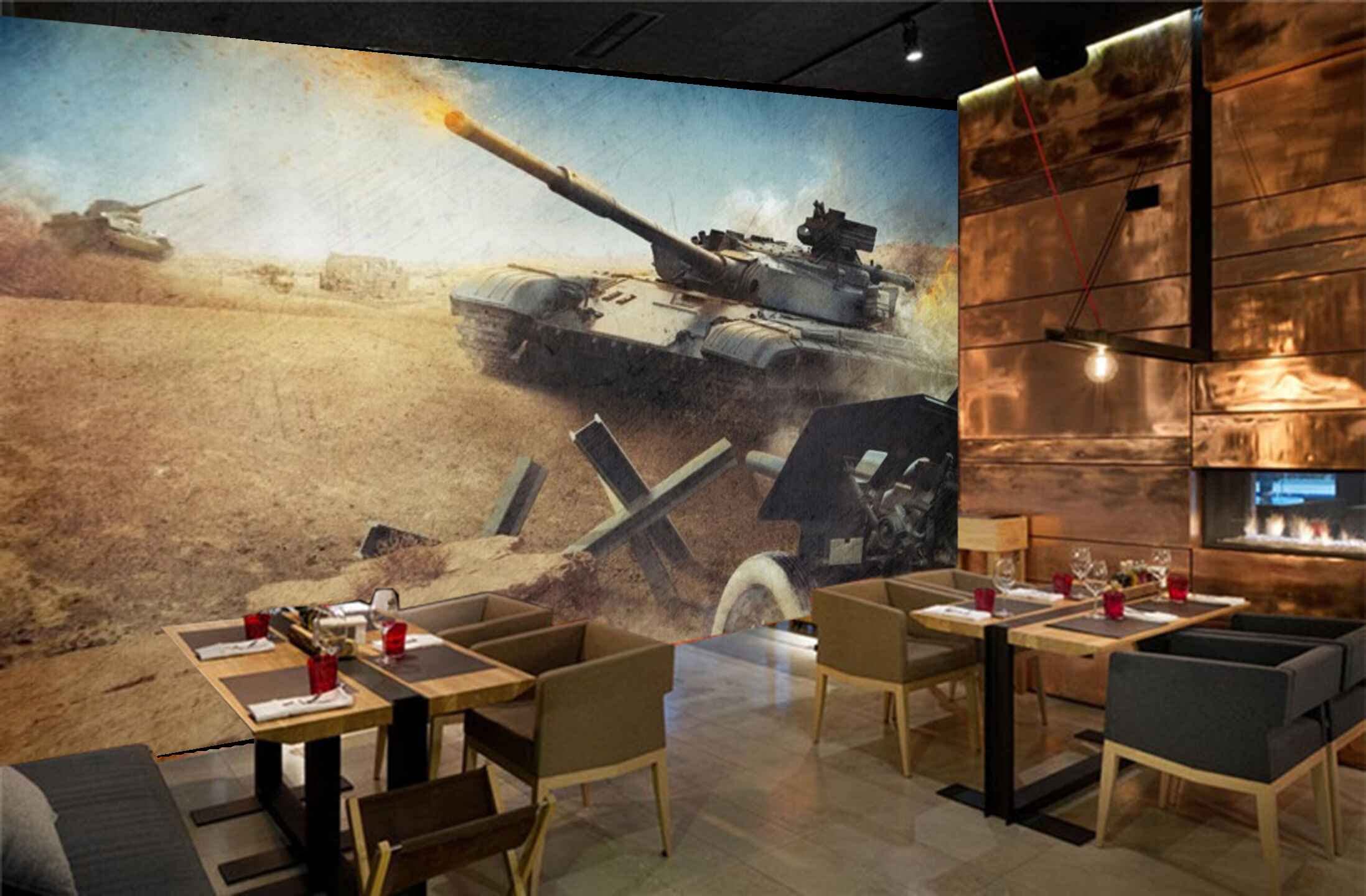 Beibehang BVE2972 Sandy Soil Military Tank HD 3D Wallpaper for Cafe, Cafeteria, Coffee Shop[4 ft x 3 ft] / [122 cm x 91 cm]