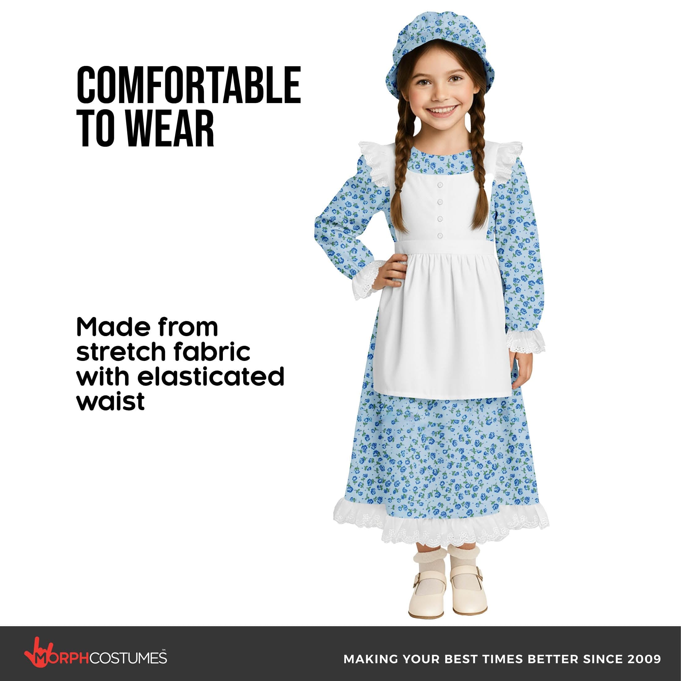 Morph Blue Pilgrim Girl Costume, Pioneer Girl Dress, Colonial Costume Kids, World Book Day Costumes For Girls Pioneer 7-9 - Image 3